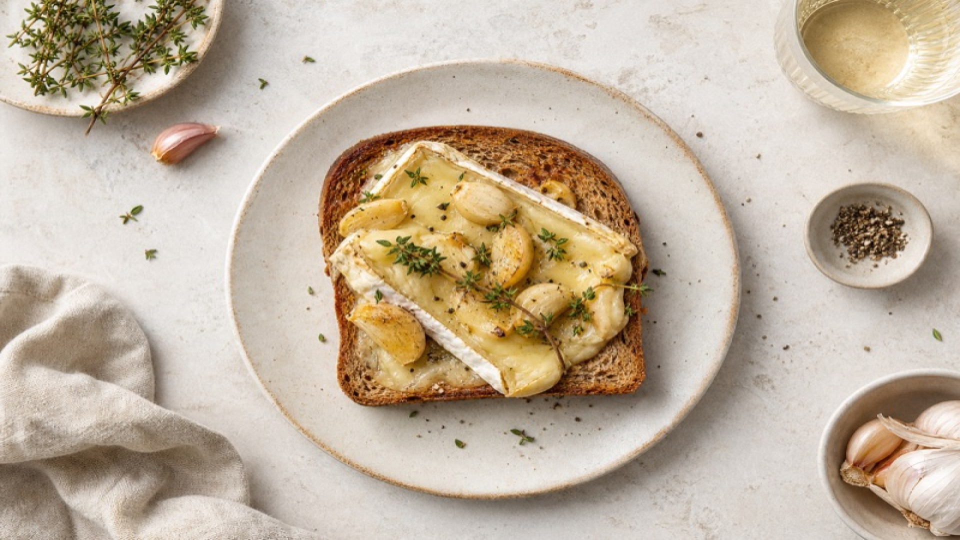 Vollkorntoast mit geschmortem Knoblauch und Brie