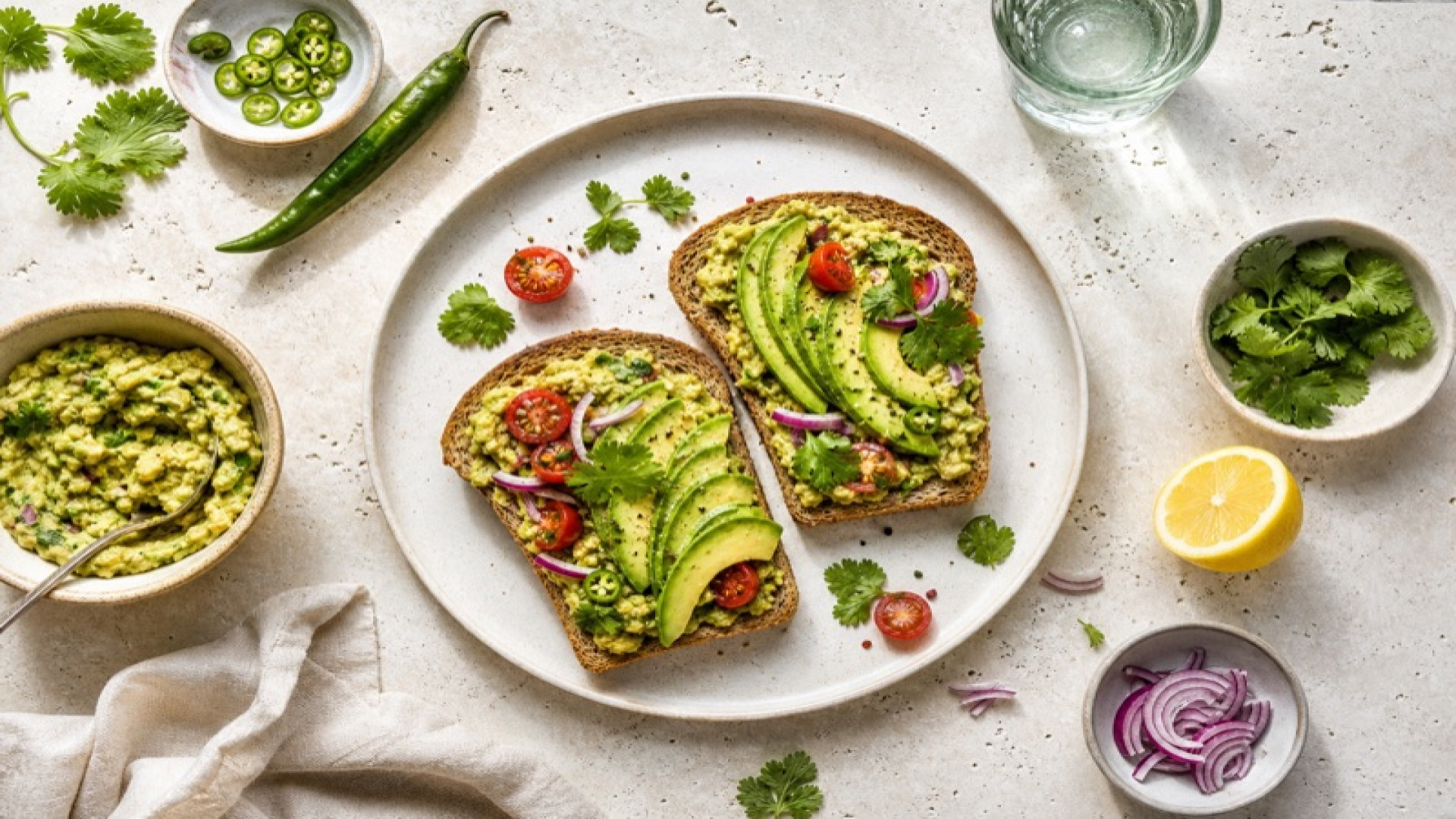 Vollkorntoasts mit Guacamole und Avocado Scheiben
