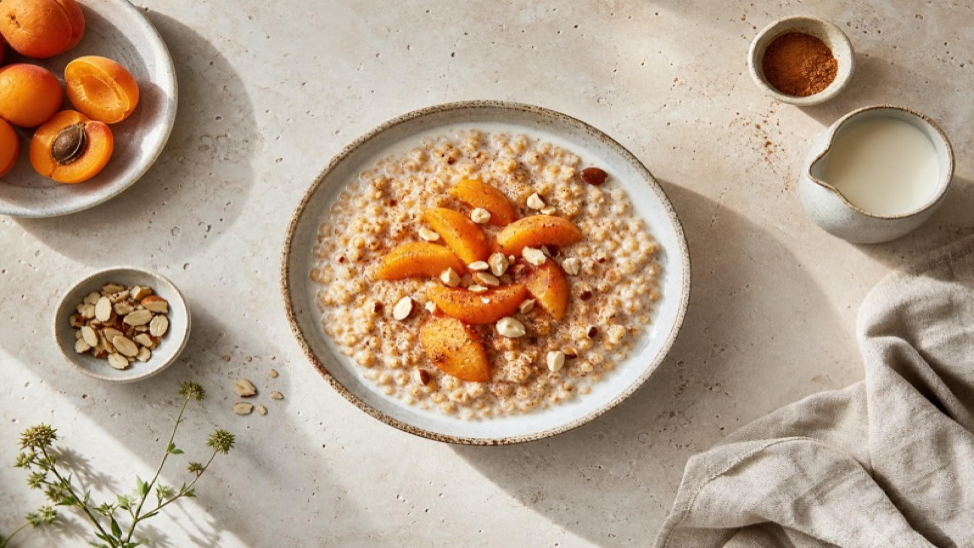 Warme Aprikosen-Graupen-Bowl mit Mandelmilch und Zimt
