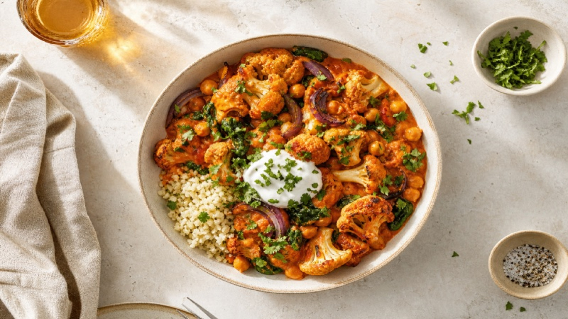 Warme Blumenkohl-Bowl mit Tikka-Masala und Tomatenmark