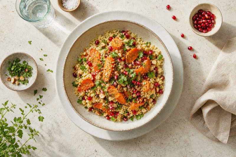 Warme Couscous-Bowl mit Karotten und Granatapfelkernen