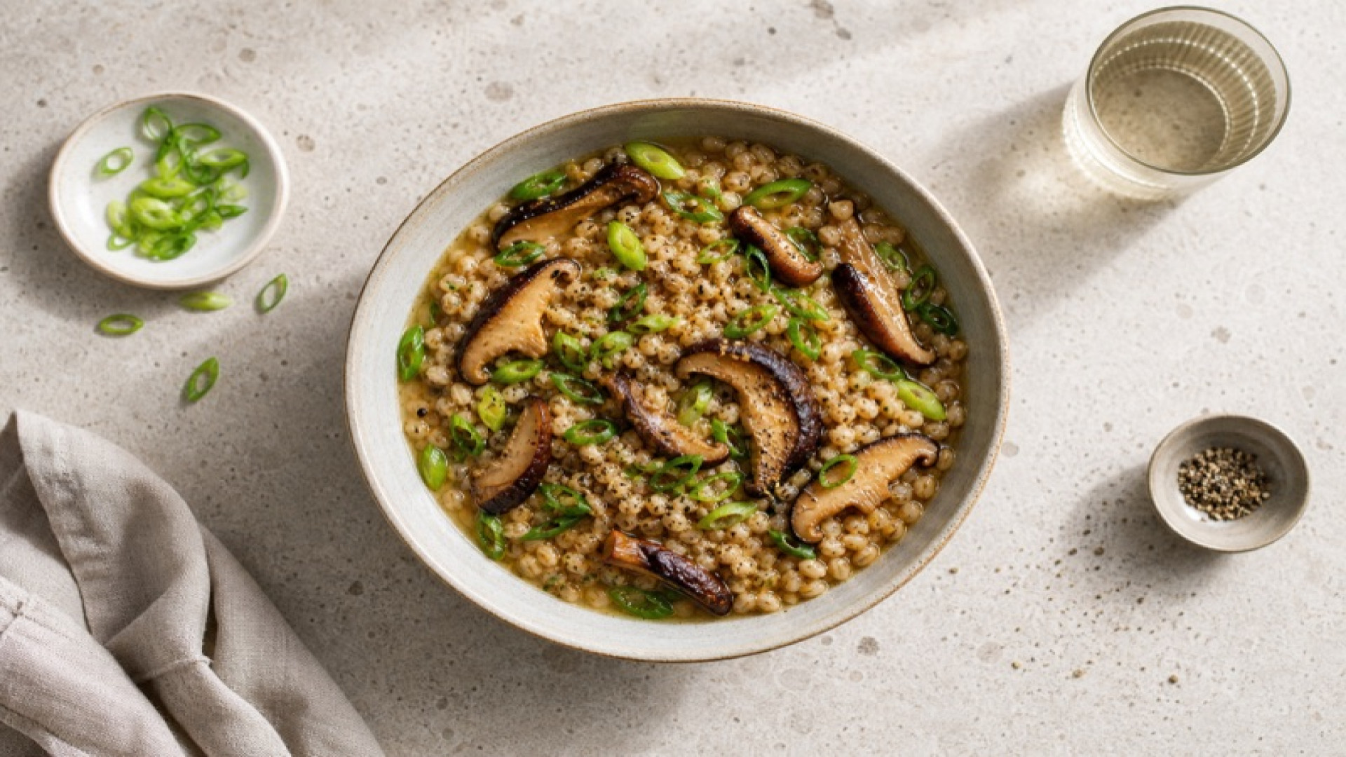 Warme Gerste-Bowl mit Shiitake und Frühlingszwiebeln