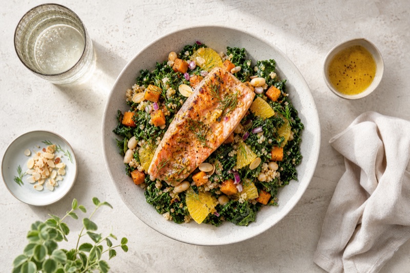 Warme Grünkohl-Bowl mit Forellenfilet und Zitrusdressing