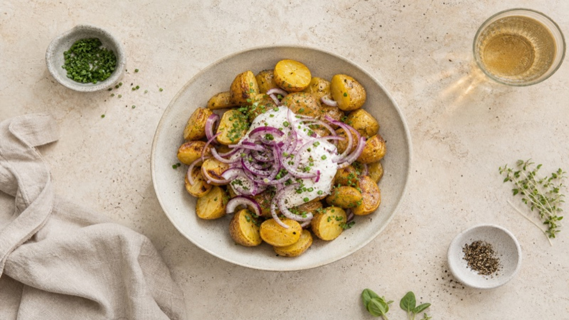 Warme Kartoffel-Bowl mit Schmand und Roten Zwiebeln