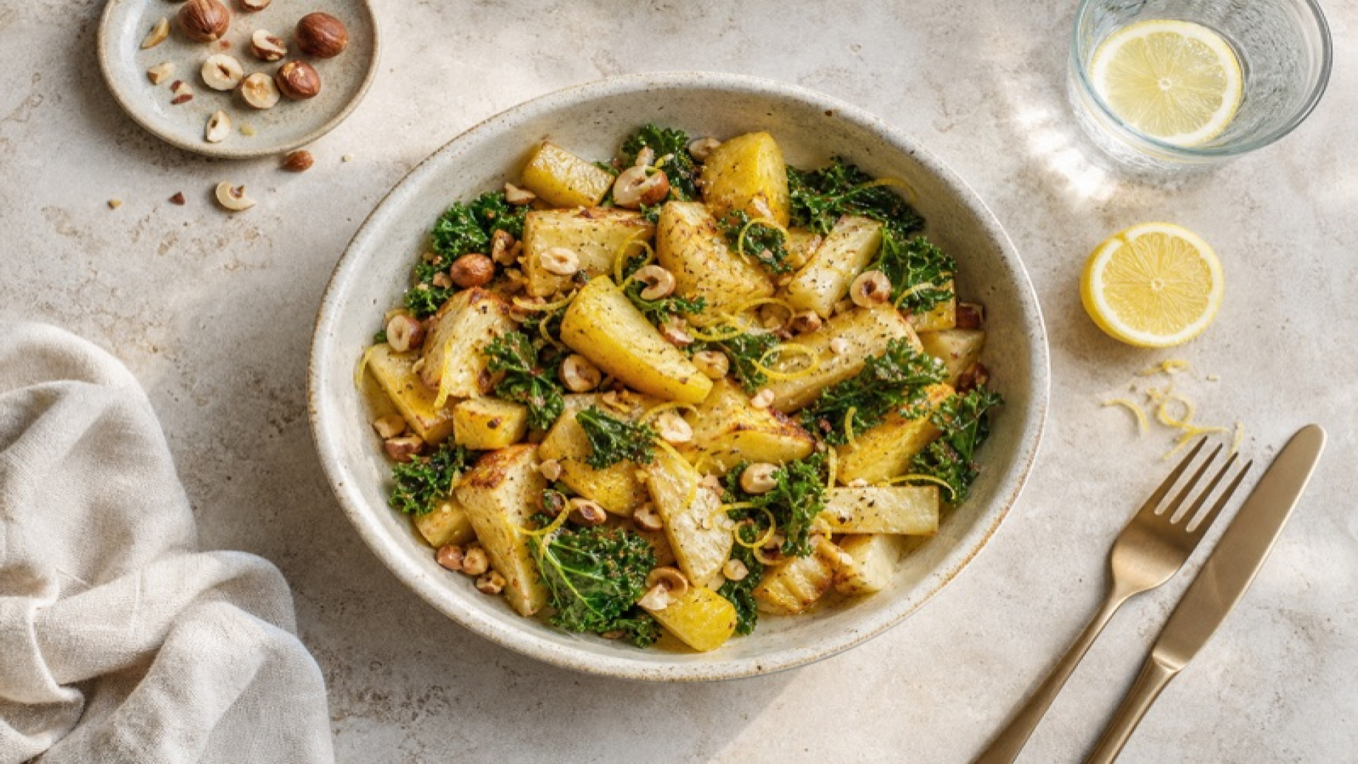 Warme Kartoffel-Pastinaken-Bowl mit Haselnuss und Zitrone
