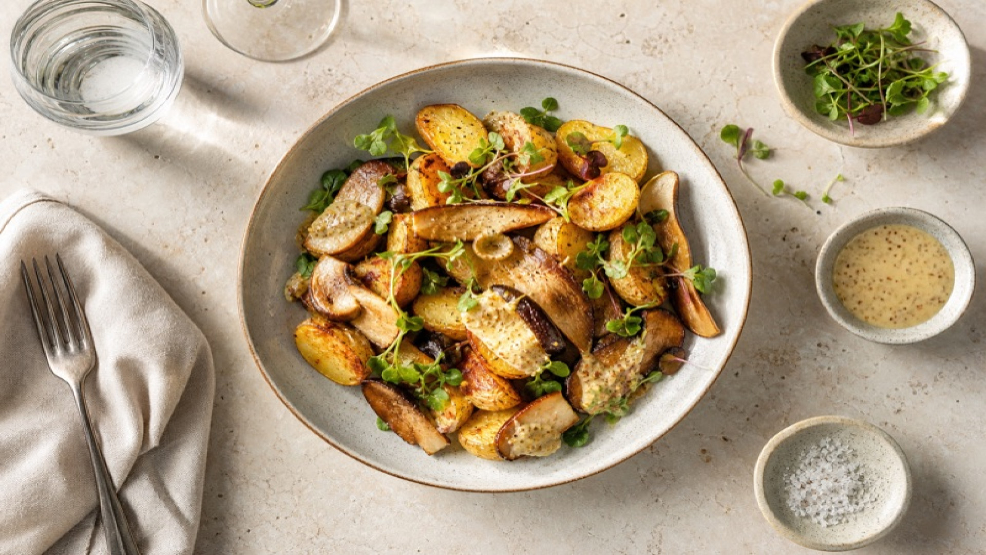 Warme Kartoffel-Steinpilz-Bowl mit Senf-Dressing