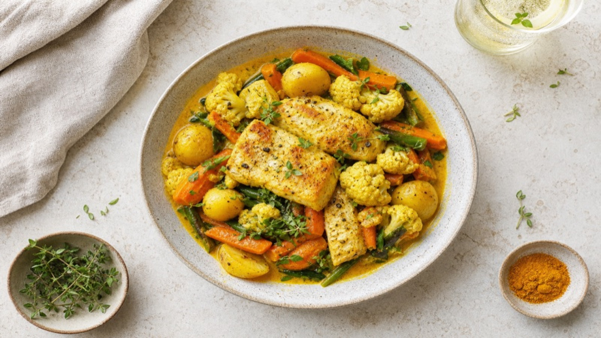 Warme Katfisch-Kartoffel-Bowl mit Kaisergemüse und Kurkuma