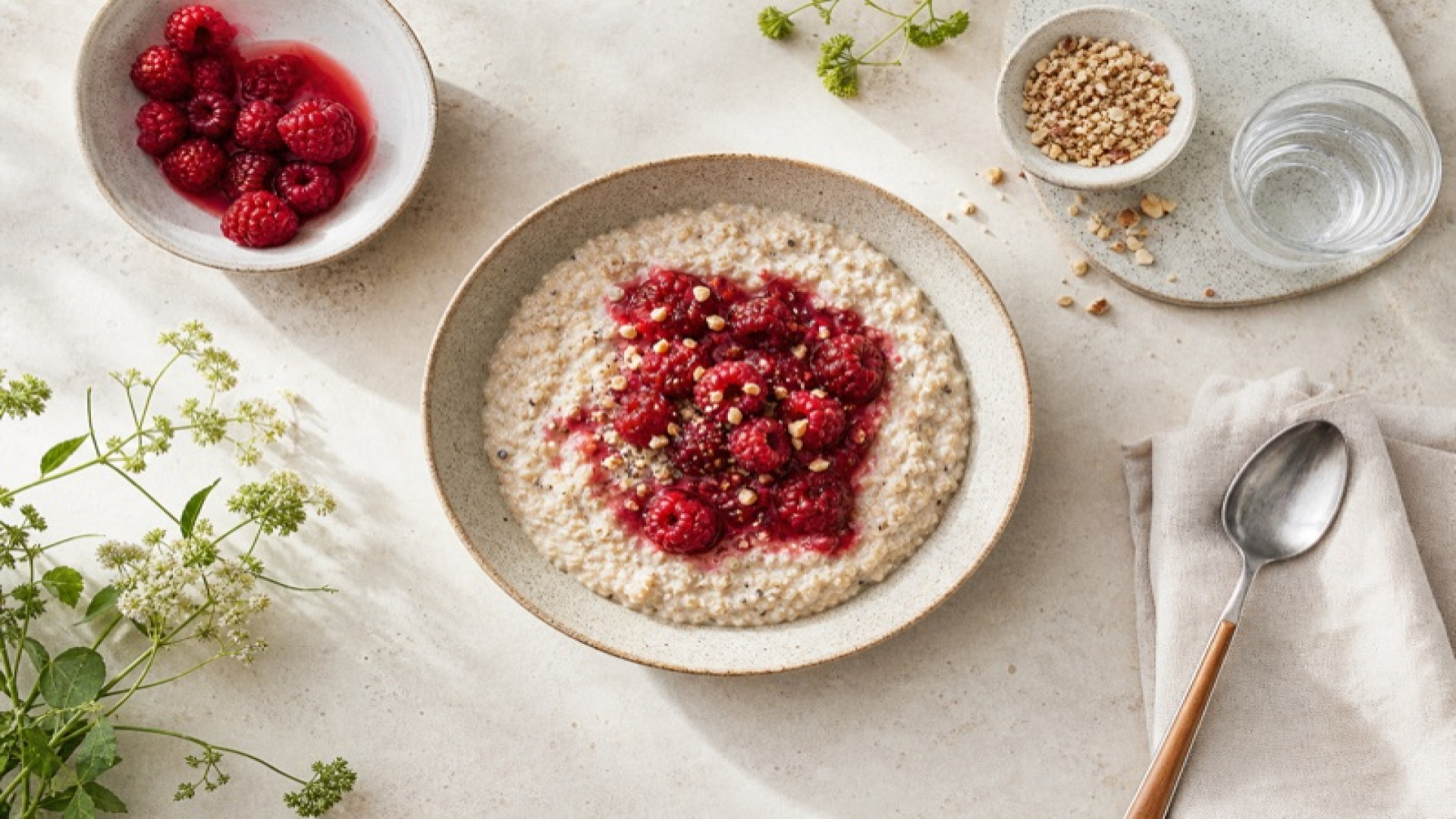 Warmer Amaranth-Porridge mit gedünsteten Himbeeren