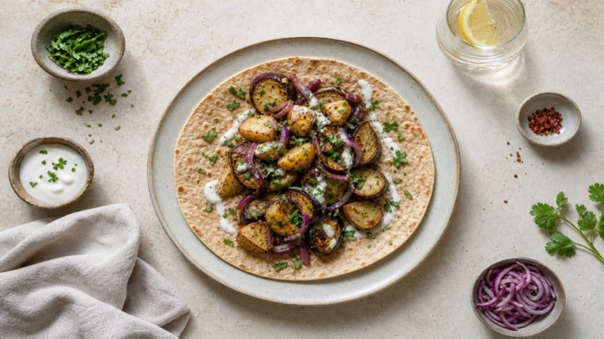 Warmer Auberginen-Kartoffel-Wrap mit Roten Zwiebeln