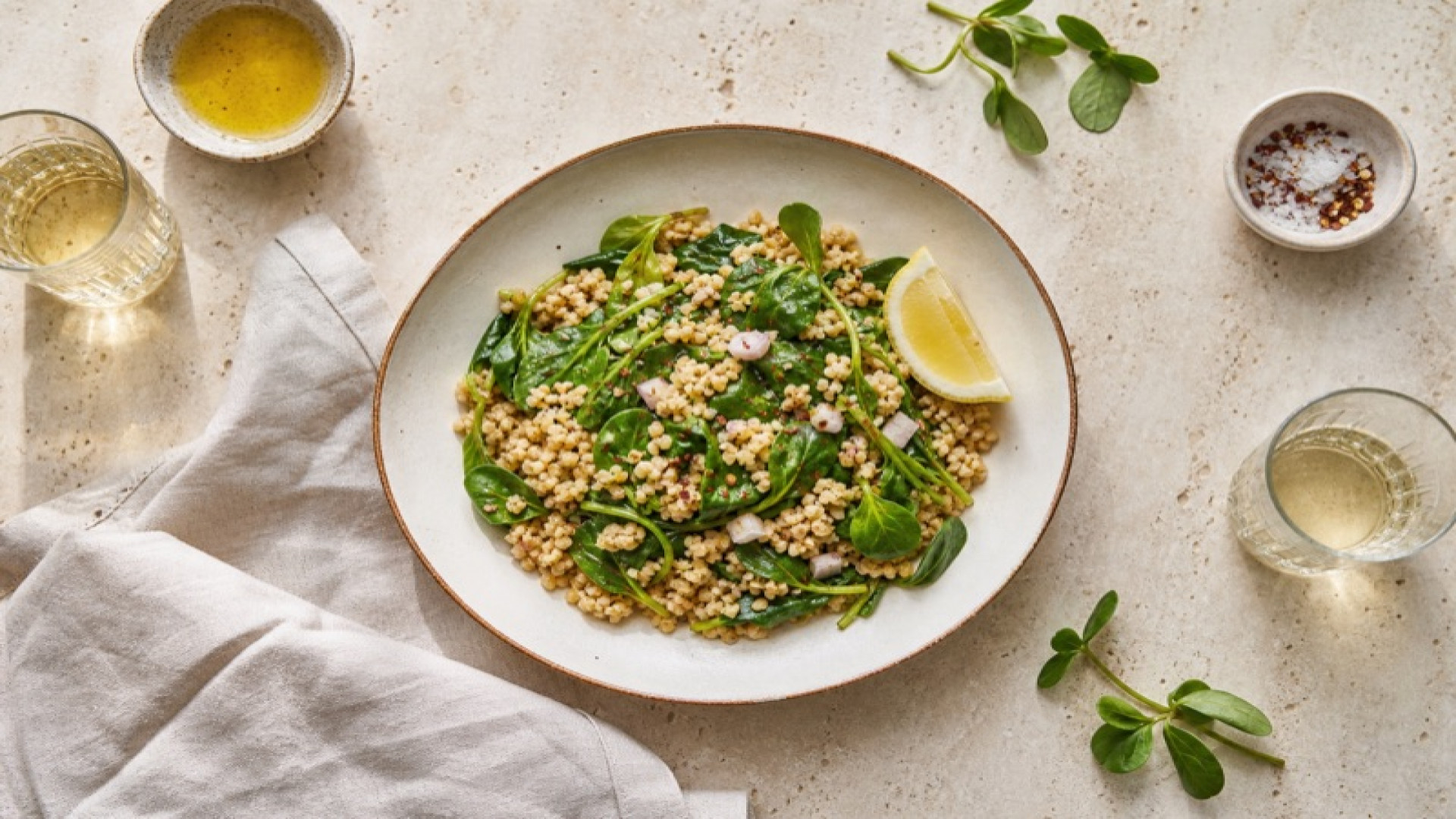 Warmer Bulgur-Bowl mit gedünstetem Portulak und Zitrone