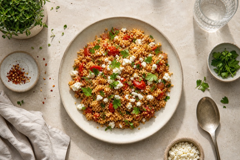 Warmer Couscous-Salat mit Schafskäse und Tomatenmark