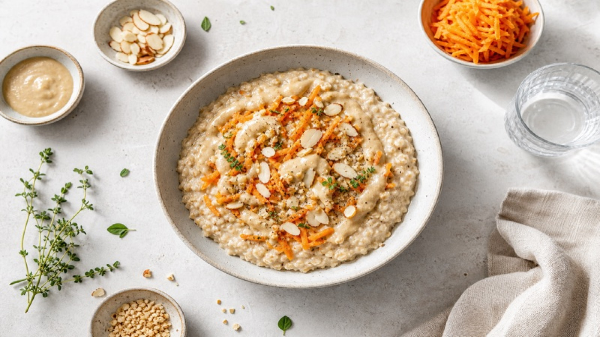 Warme Reisflocken-Porridge mit Mandelpüree und Karotten