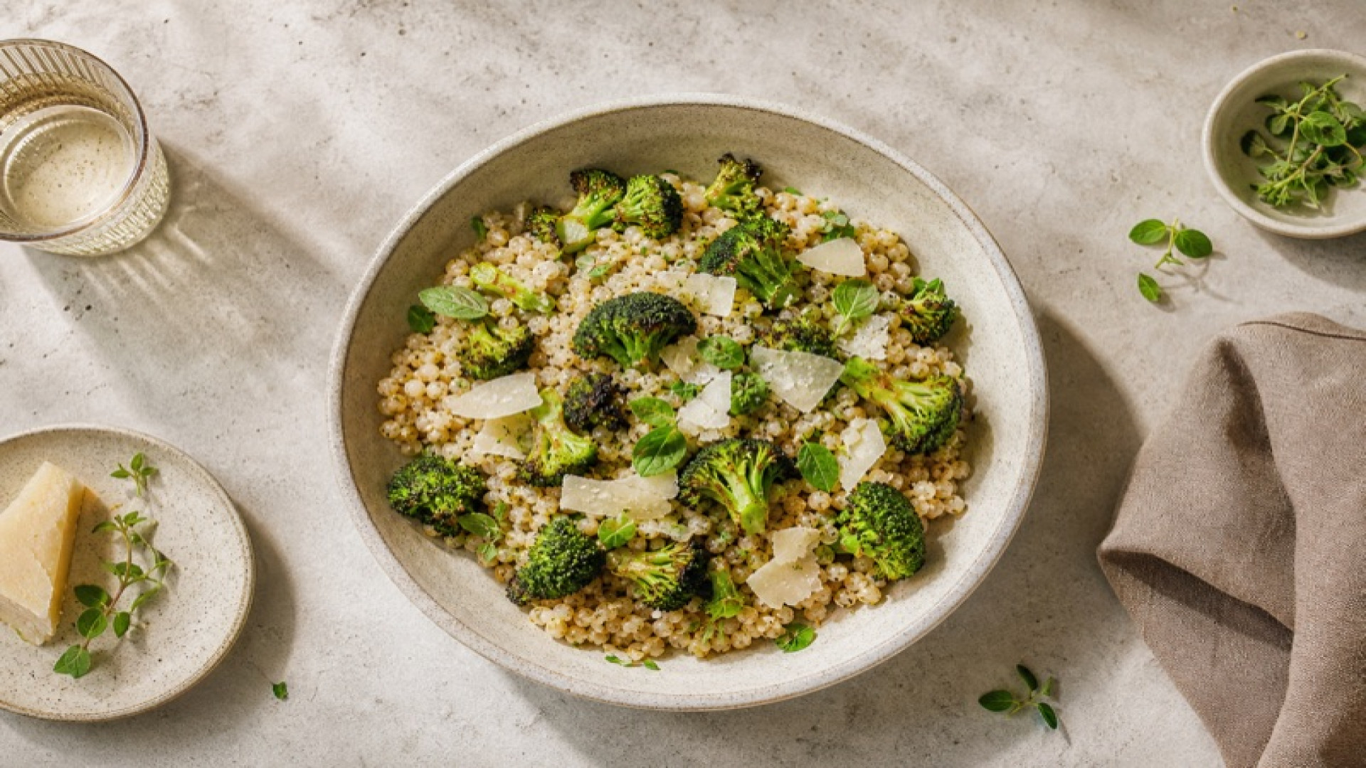 Warmer Graupen-Salat mit gebackenem Brokkoli und Parmesan