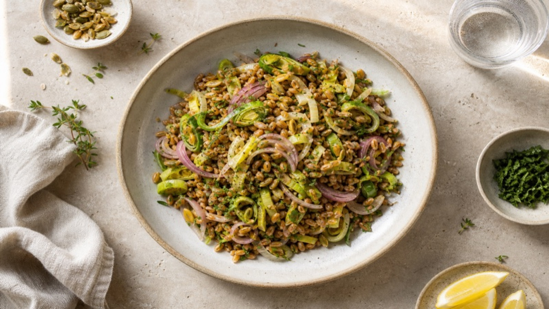 Warmer Grünkern-Salat mit Porree und Schalotten