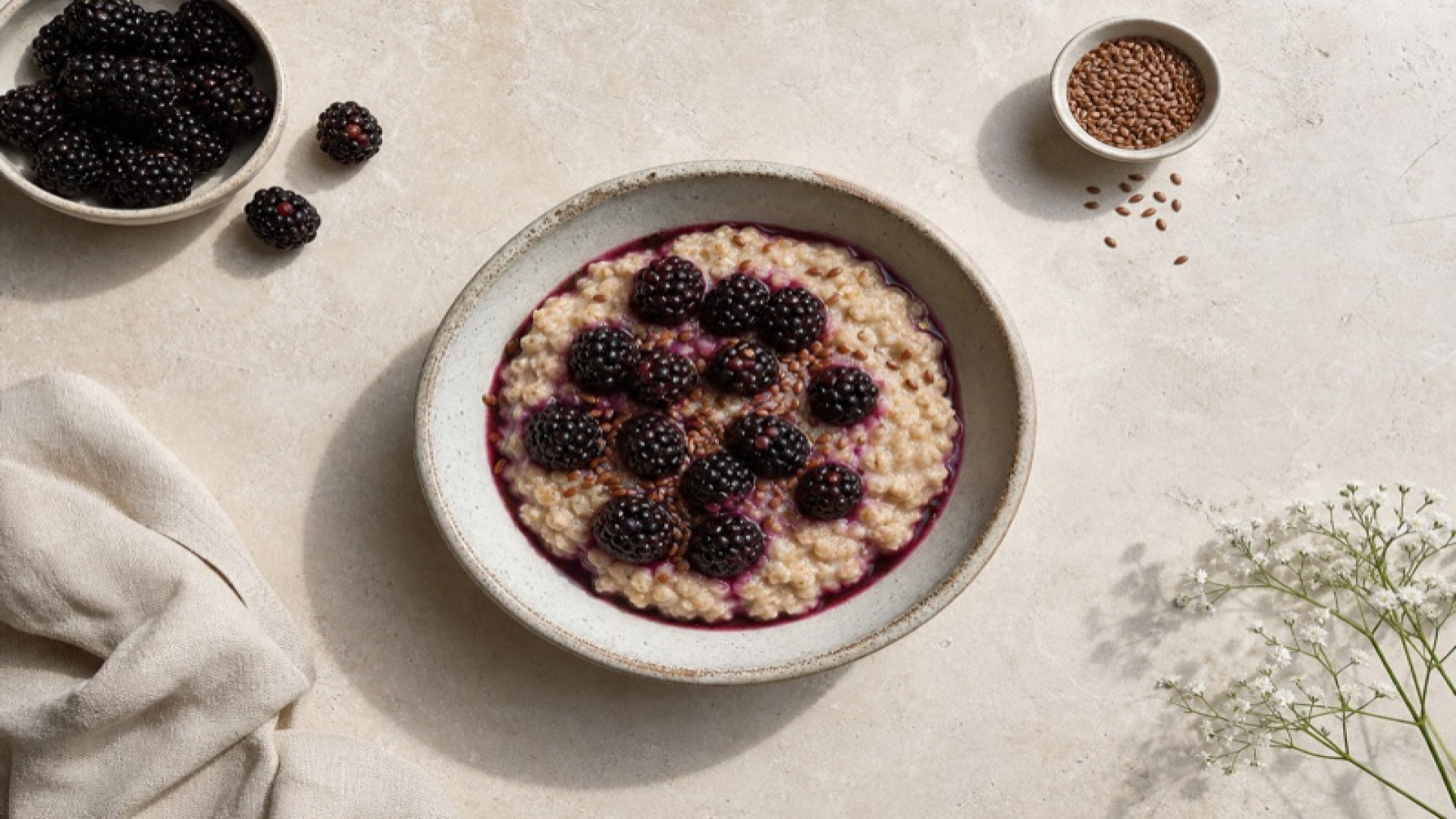 Warmer Haferflocken-Porridge mit Brombeeren und Leinsamen