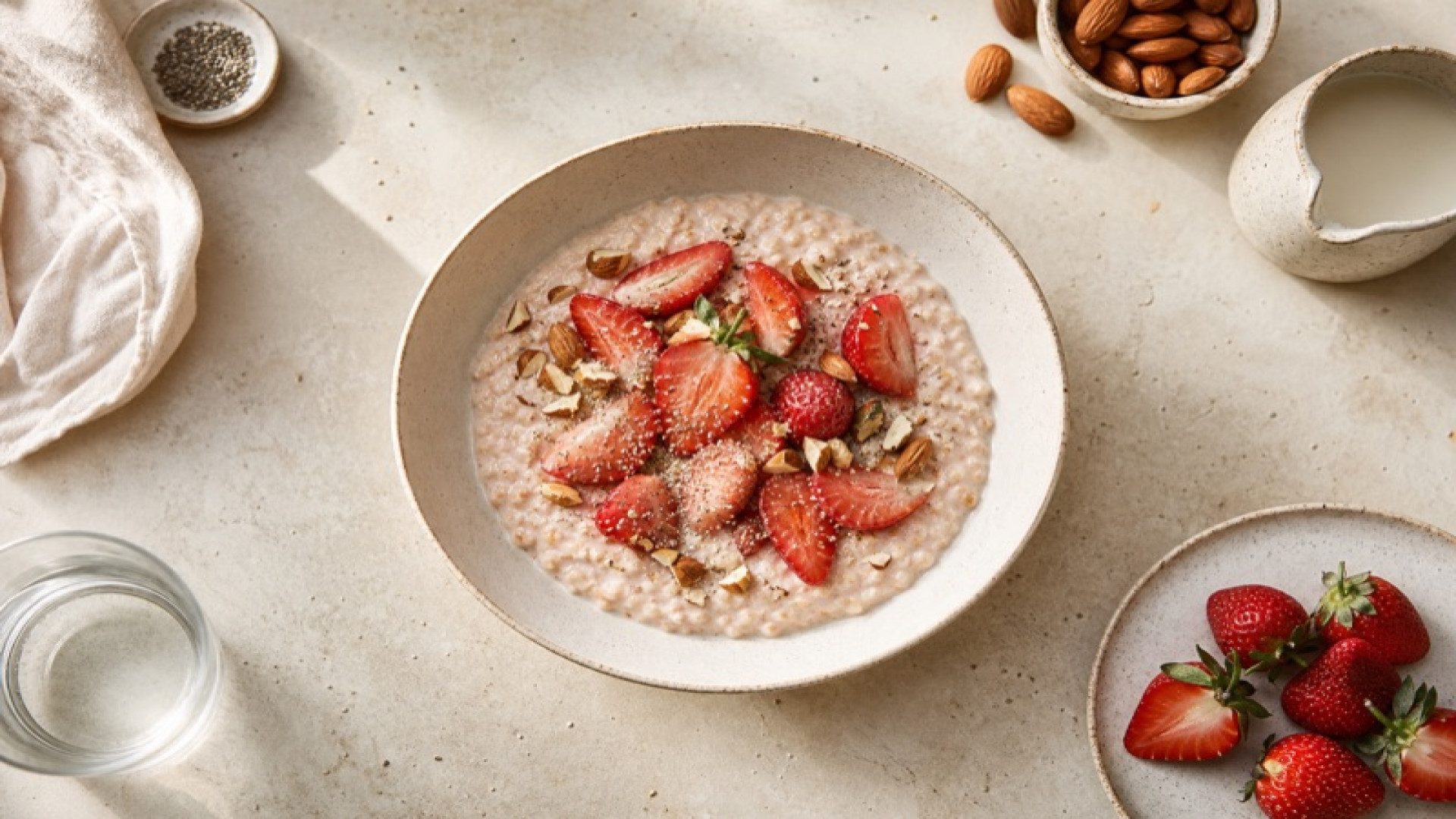 Warmer Hafer-Porridge mit Erdbeeren und Mandeldrink