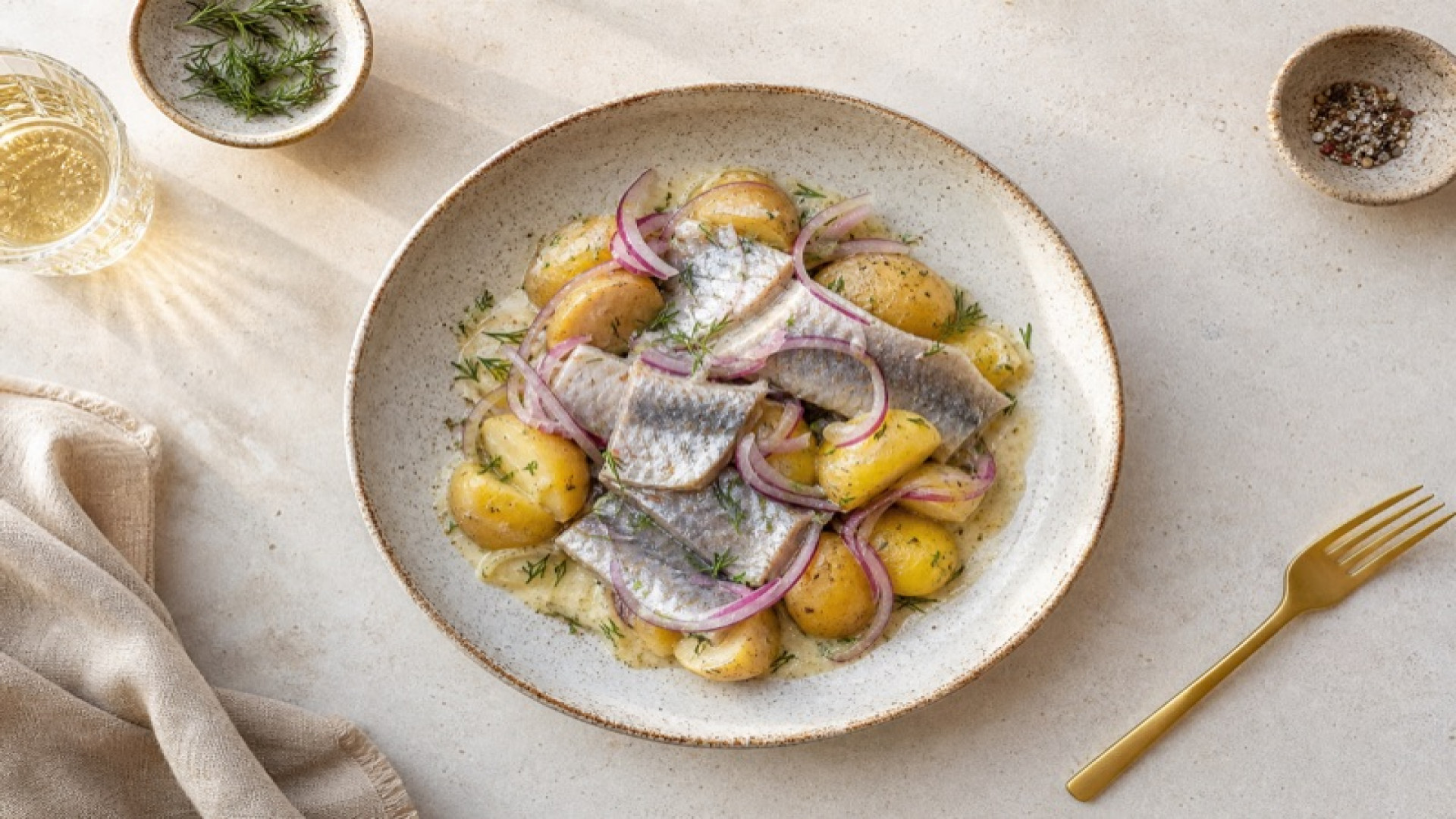 Warmer Hering mit Kartoffel und Roter Zwiebel