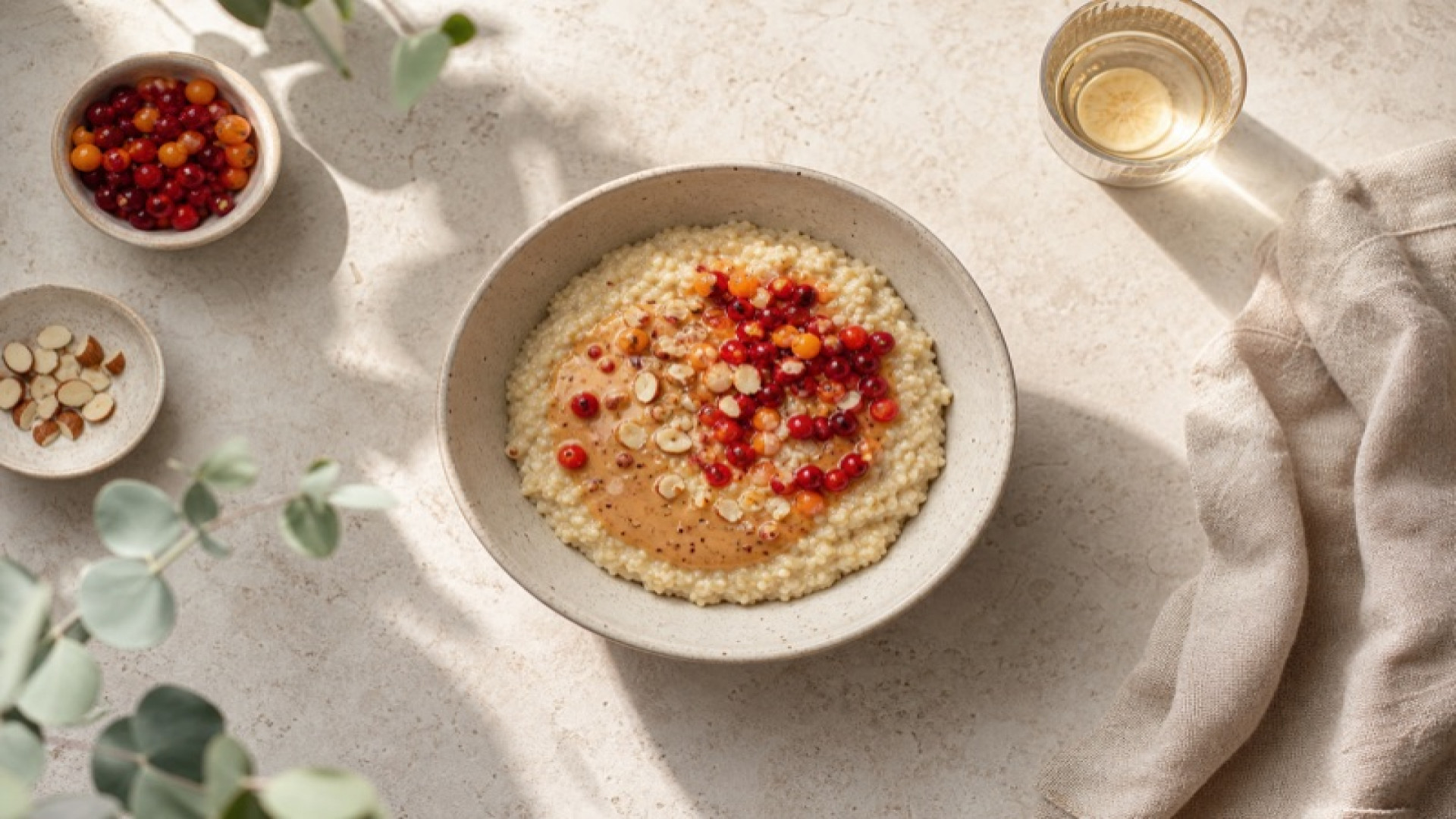 Warmer Hirse-Porridge mit Mandelmus und Moosbeeren