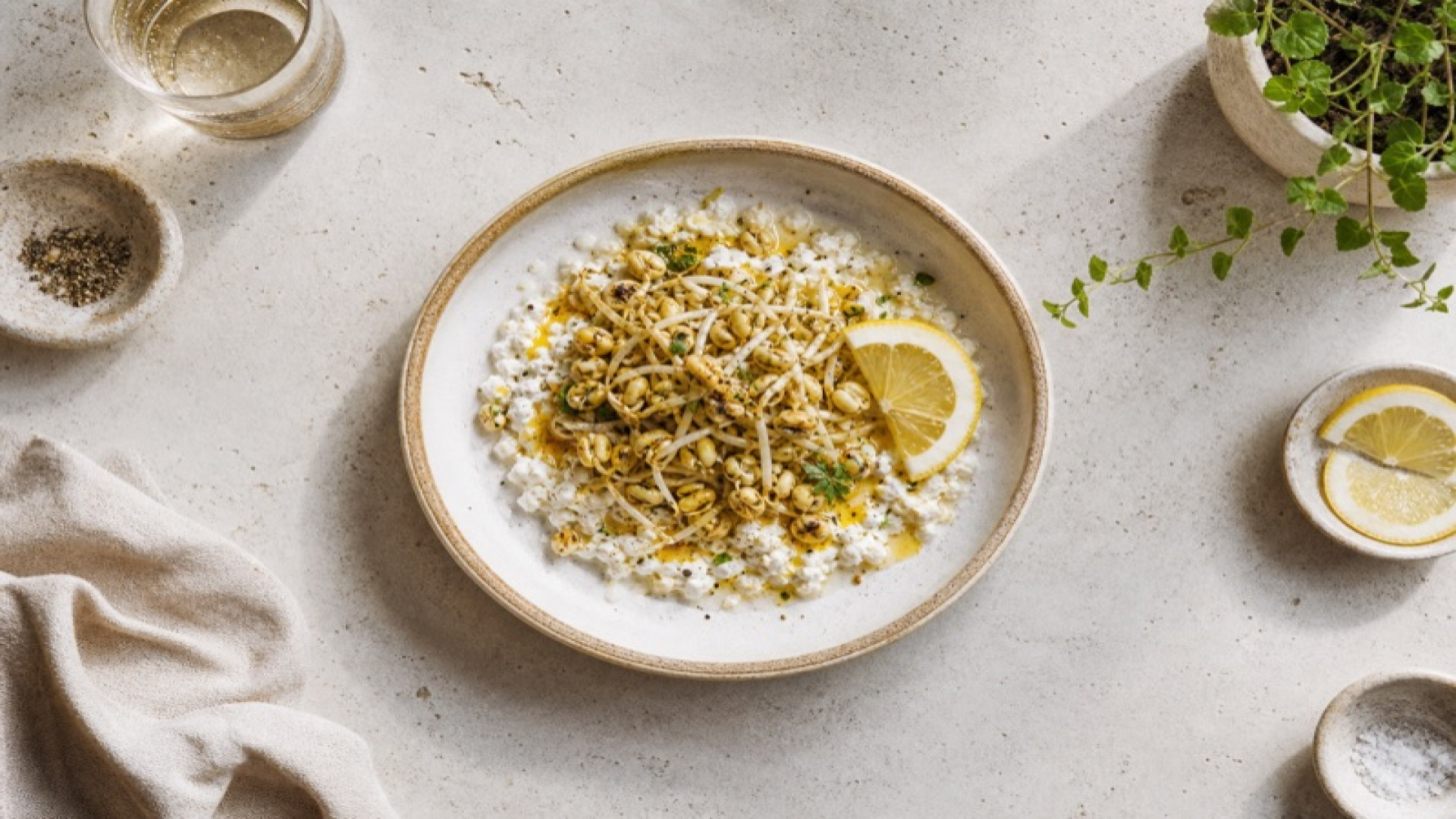 Warmer Hüttenkäse-Bowl mit Sojasprossen und Zitrone