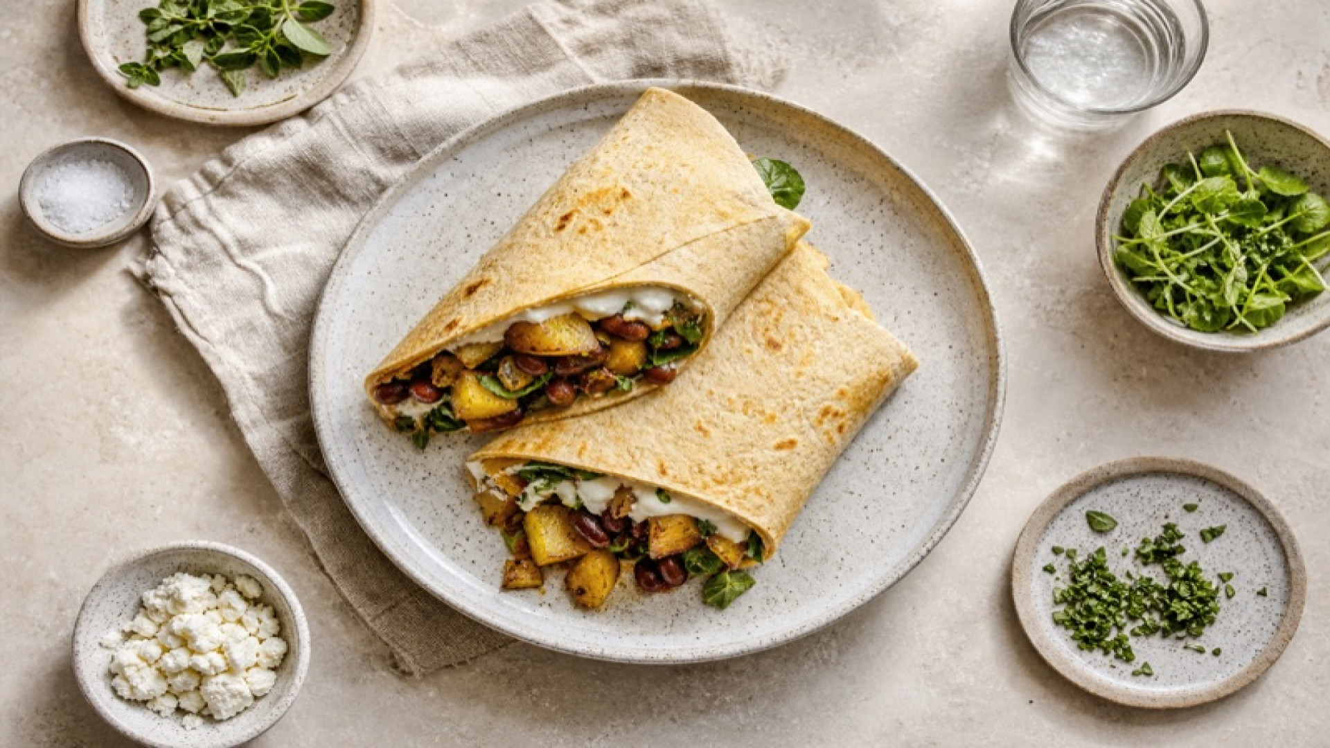 Warmer Kartoffel-Bohnen-Wrap mit Fetacreme