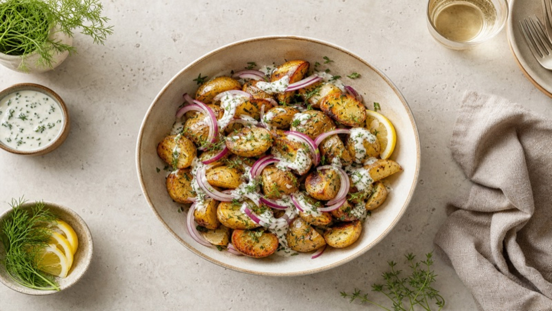 Warmer Kartoffel-Bowl mit Joghurt-Zitronen-Dressing und Roten Zwiebeln