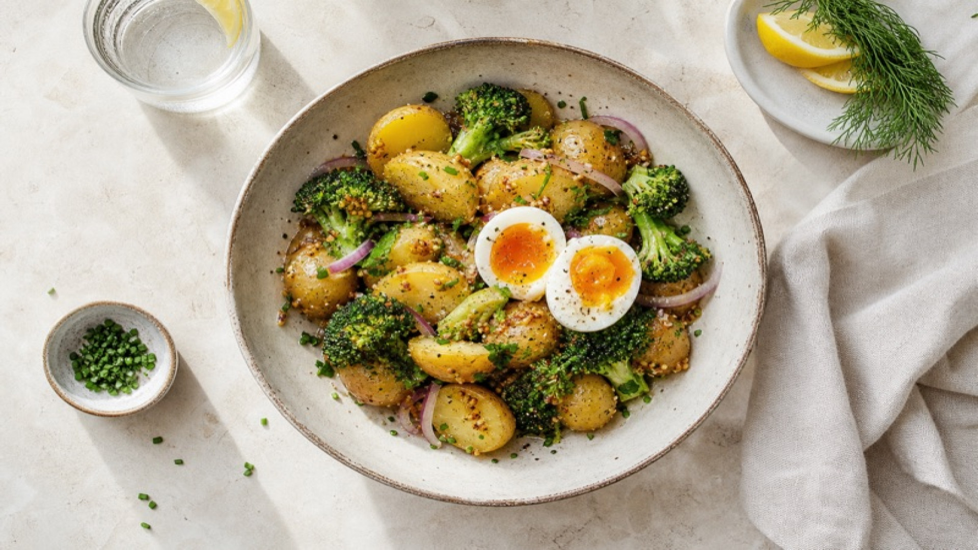 Warmer Kartoffel-Brokkoli-Salat mit weichem Ei und Senf-Zitrone