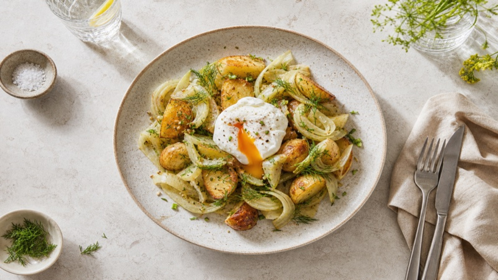 Warmer Kartoffel-Fenchel-Salat mit pochiertem Ei