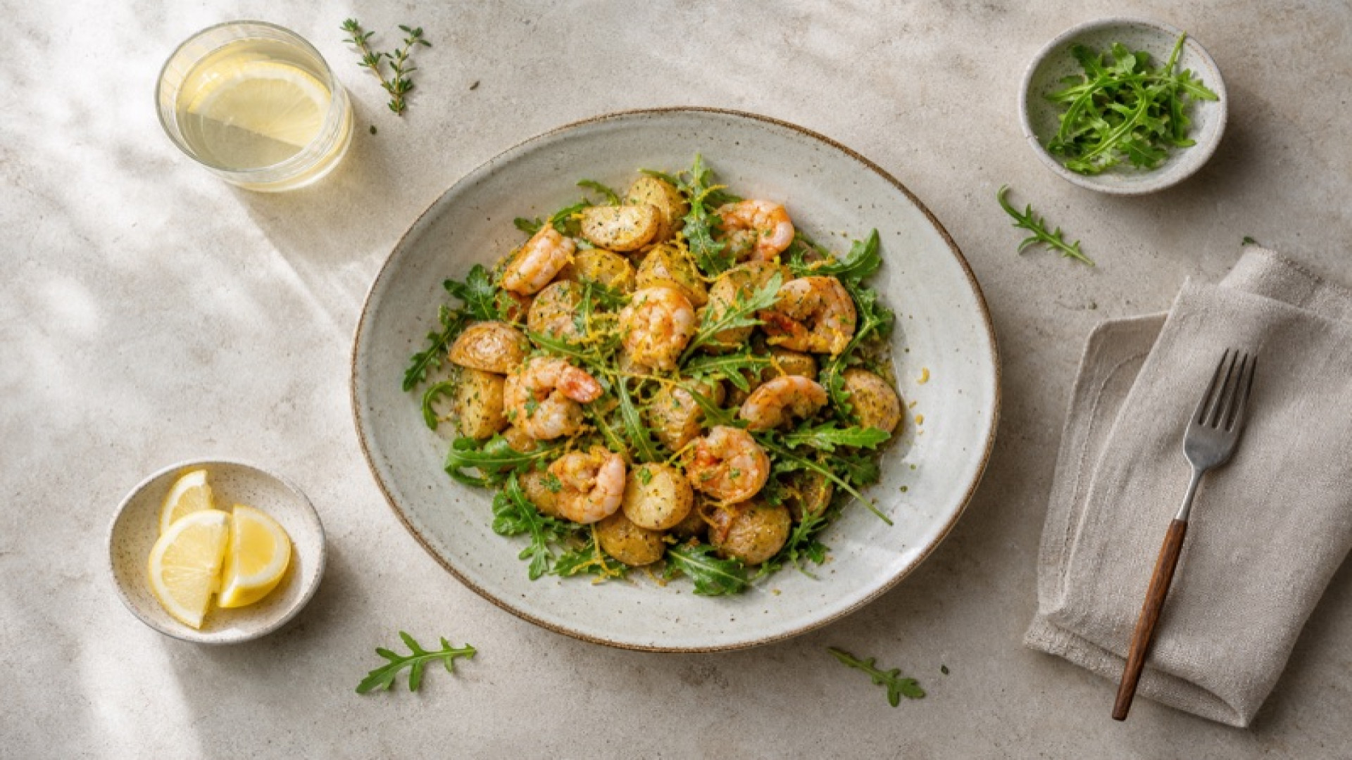 Warmer Kartoffel-Garnelen-Salat mit Rucola und Zitrone