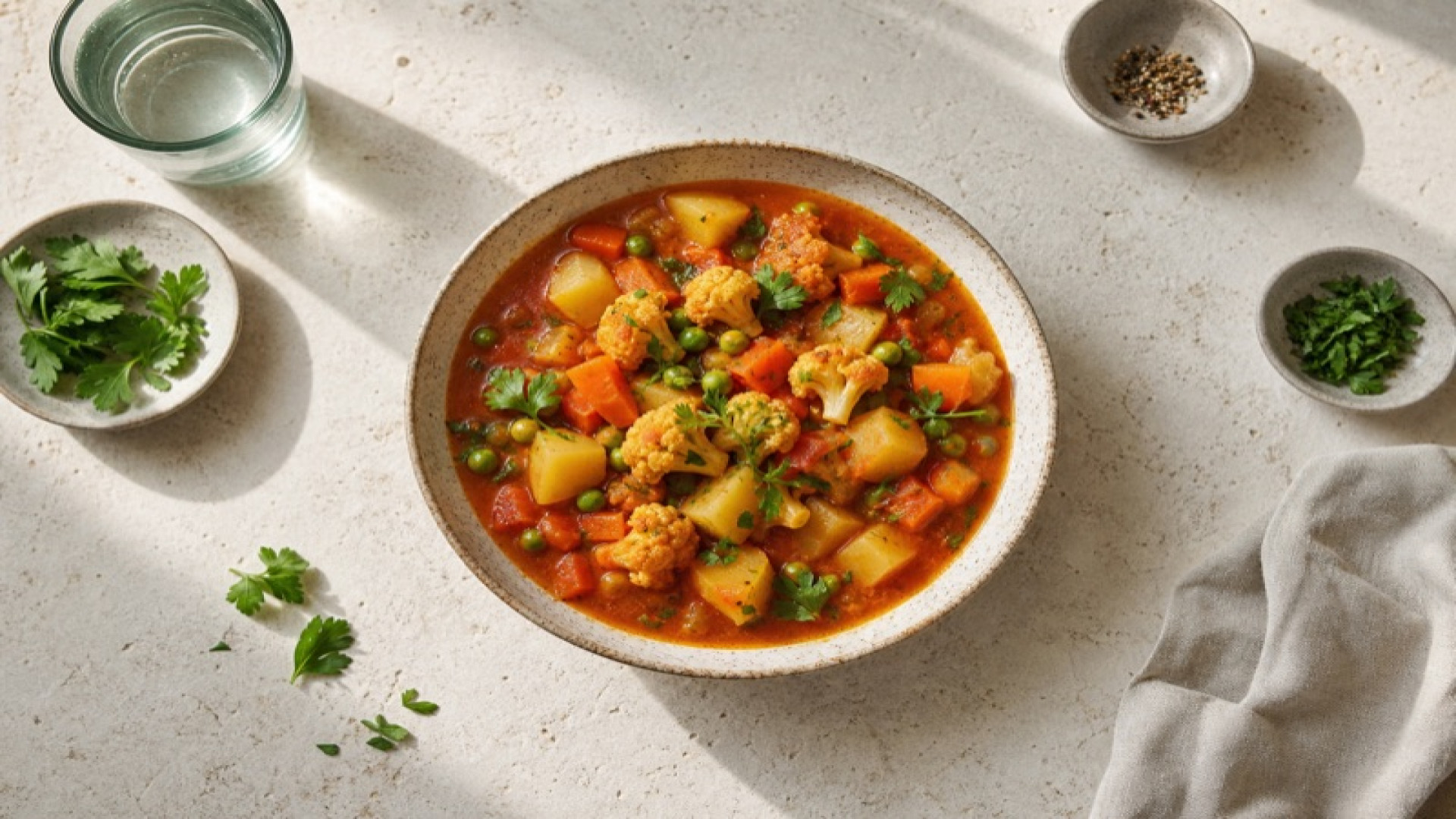 Warmer Kartoffel-Kaisergemüse-Eintopf mit Tomatenmark
