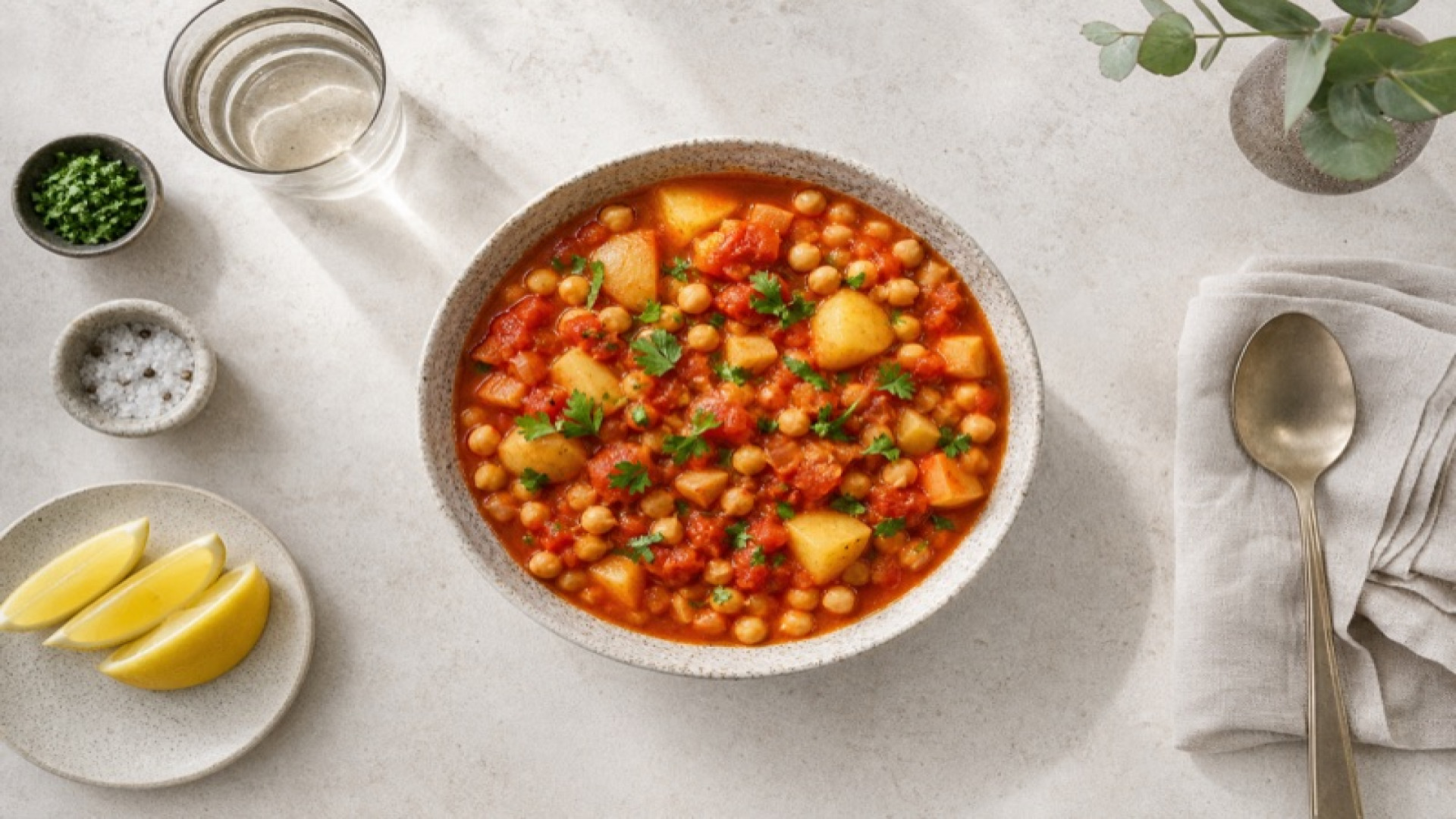 Warmer Kartoffel-Kichererbsen-Eintopf mit Tomaten