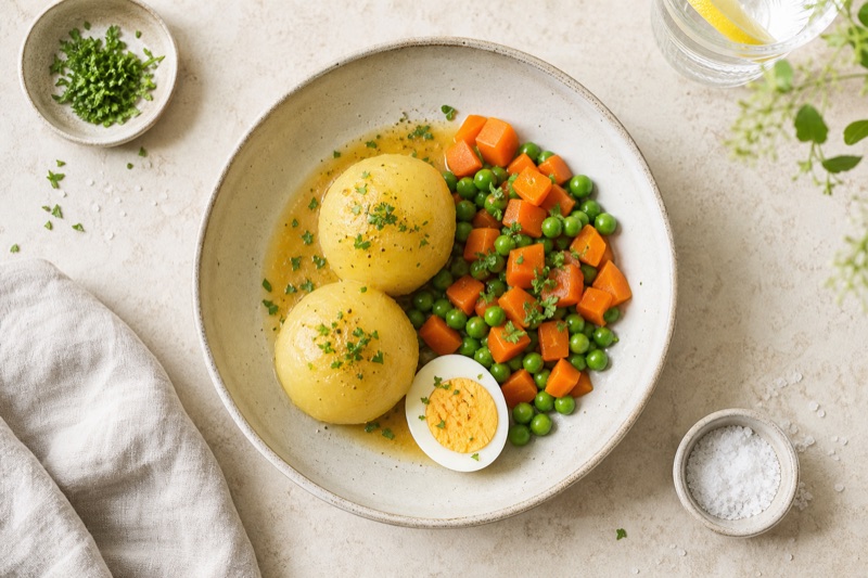 Warmer Kartoffelkloß-Teller mit Erbsen-Karotten und Ei