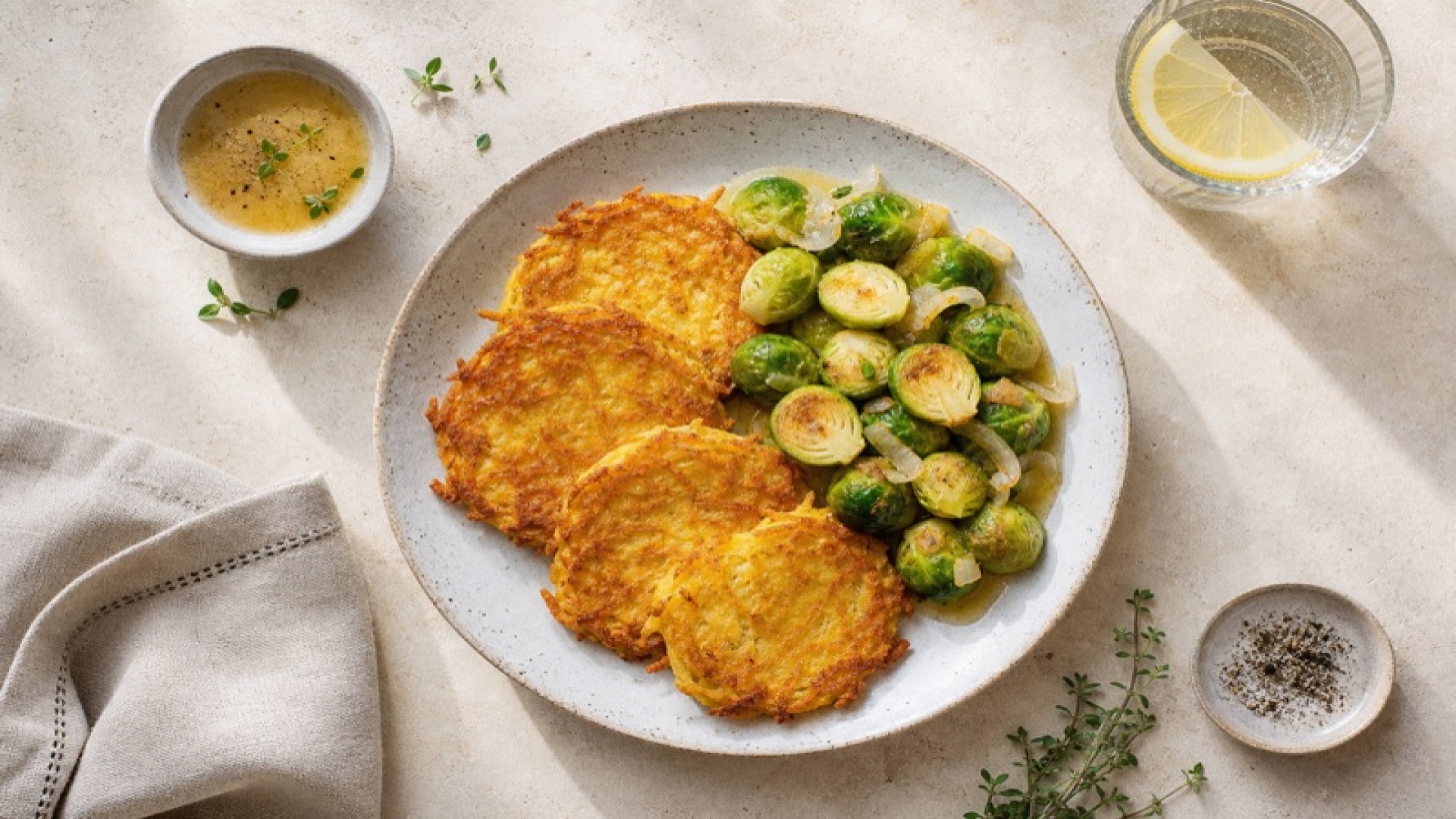 Warmer Kartoffelpuffer-Teller mit gedünstetem Rosenkohl und Apfelessig-Dressing