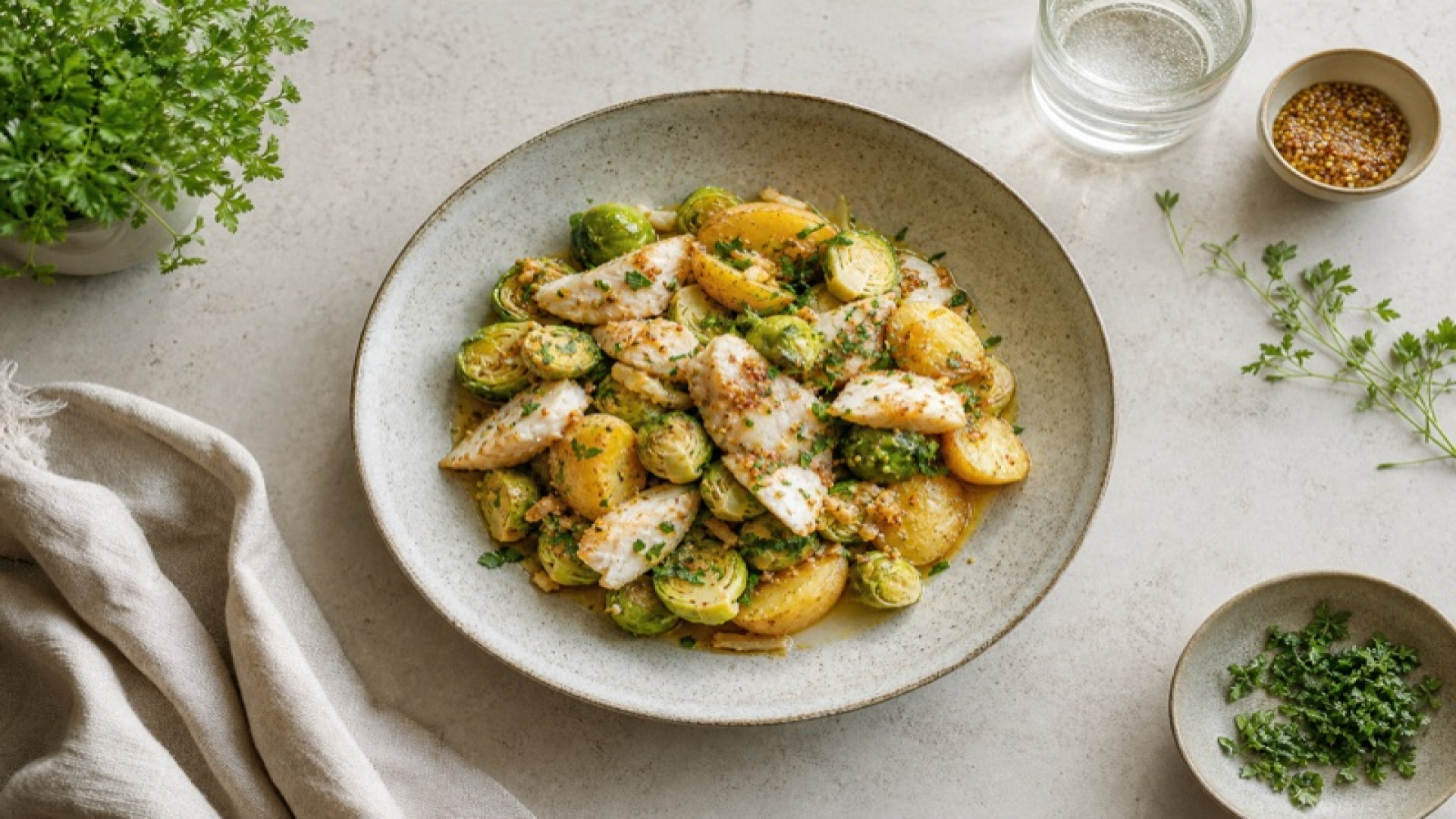 Warmer Kartoffel-Rosenkohl-Salat mit Wels und Senf