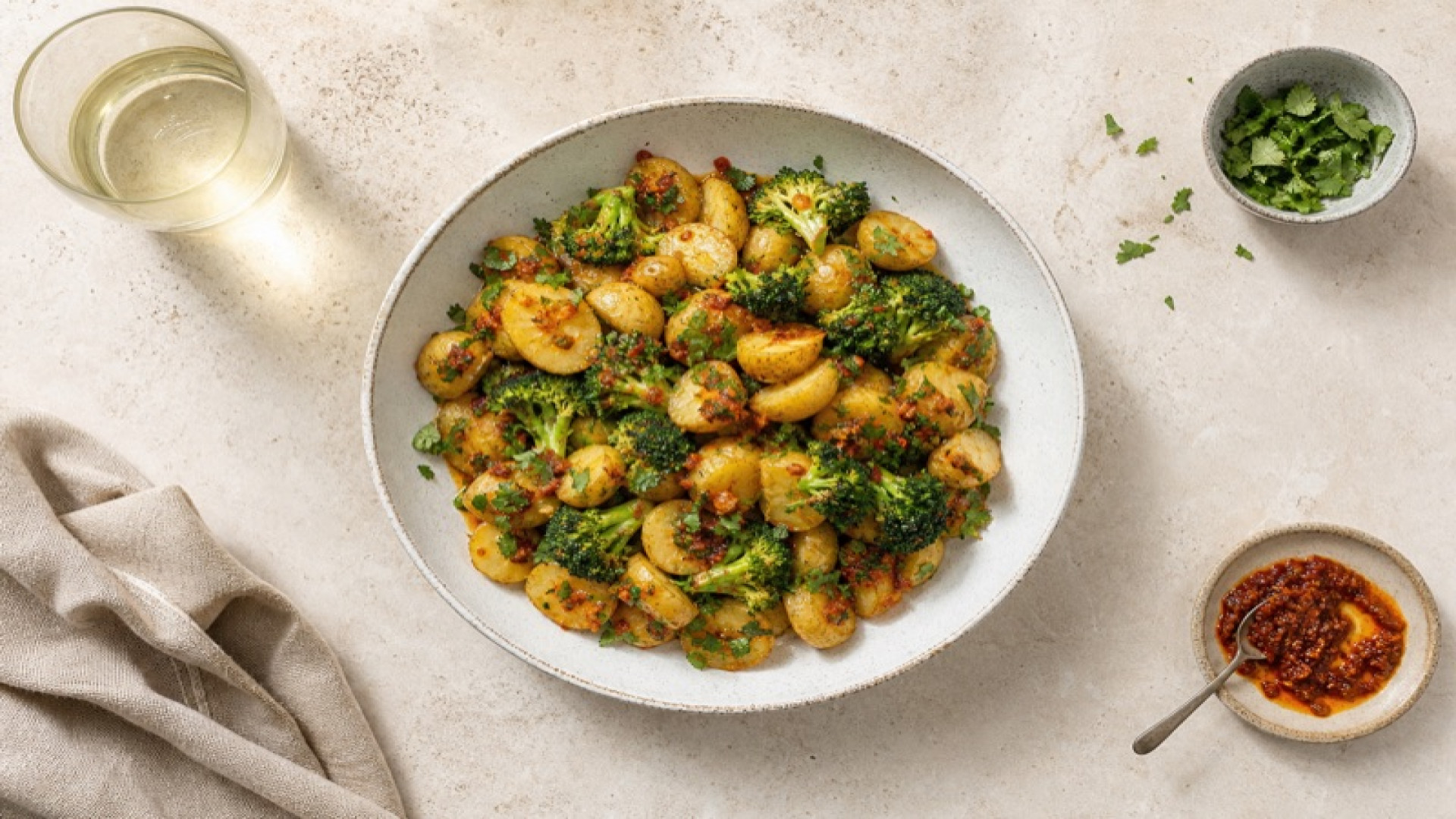 Warmer Kartoffelsalat mit Brokkoli und Harissa-Dressing