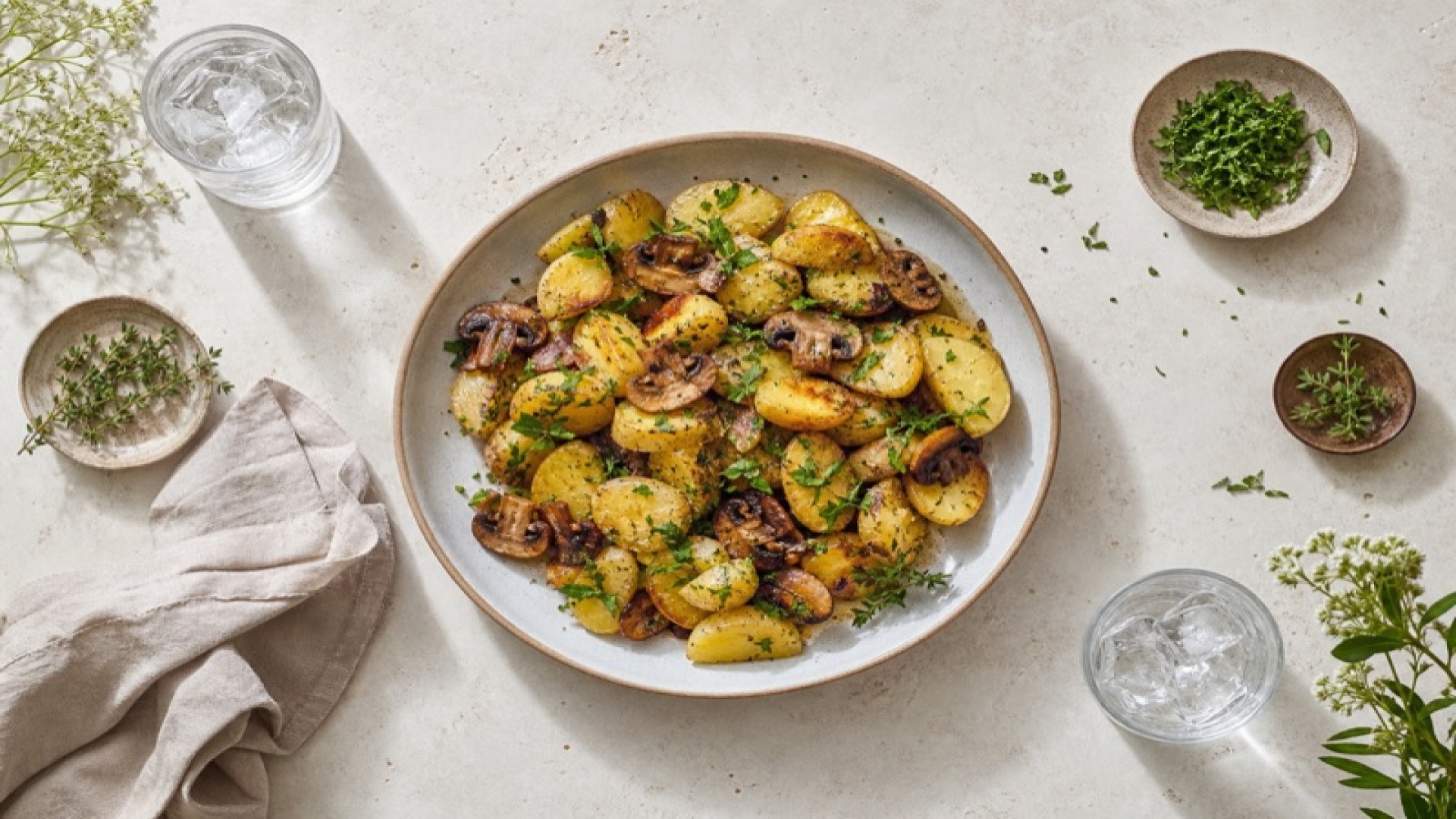 Warmer Kartoffelsalat mit gegrillten Champignons und Kräutern