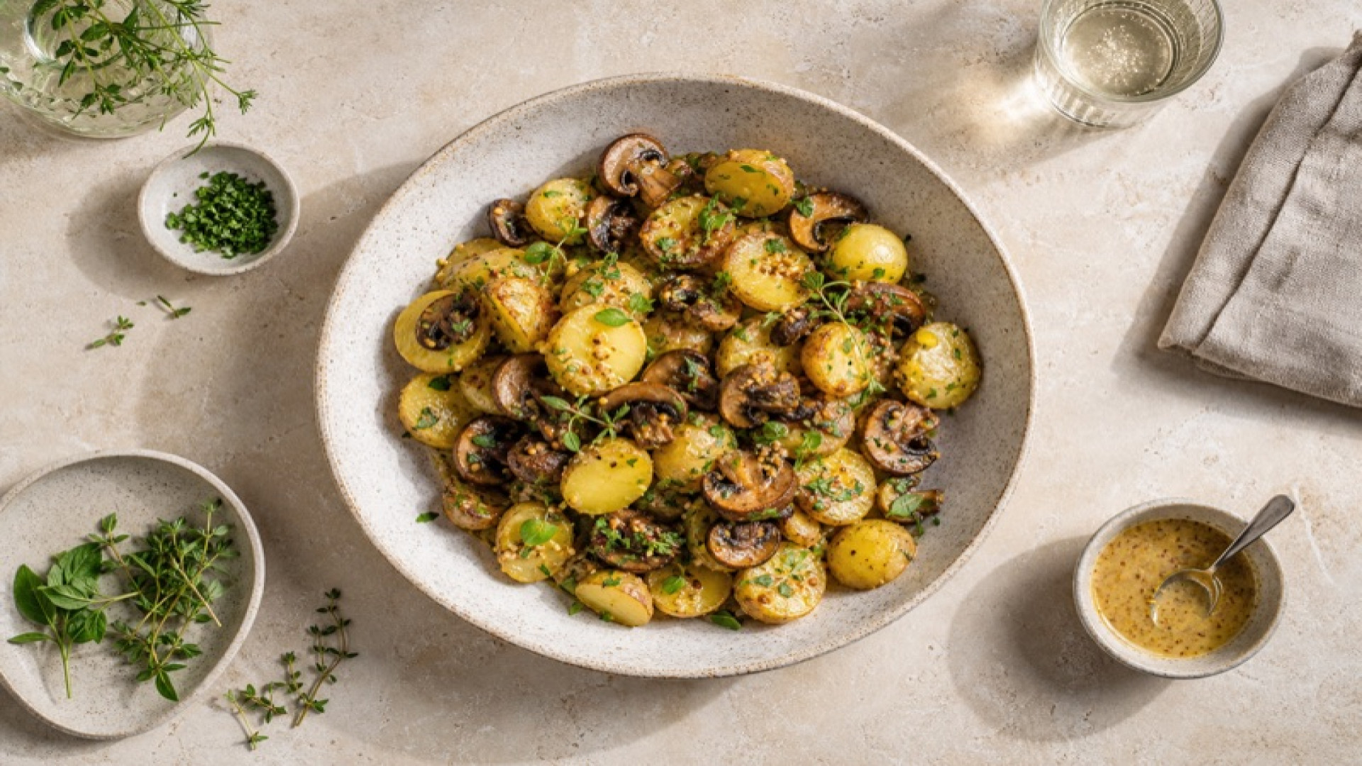 Warmer Kartoffelsalat mit gerösteten Champignons und Senf-Vinaigrette