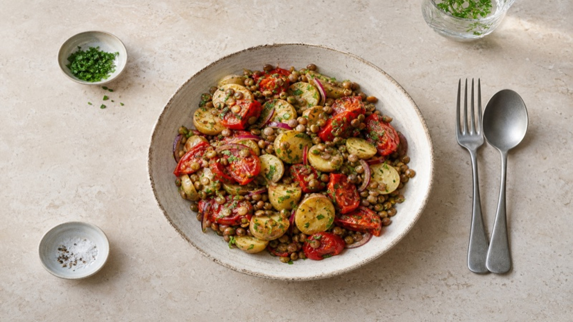 Warmer Kartoffelsalat mit geschmorten Tomaten und Linsen