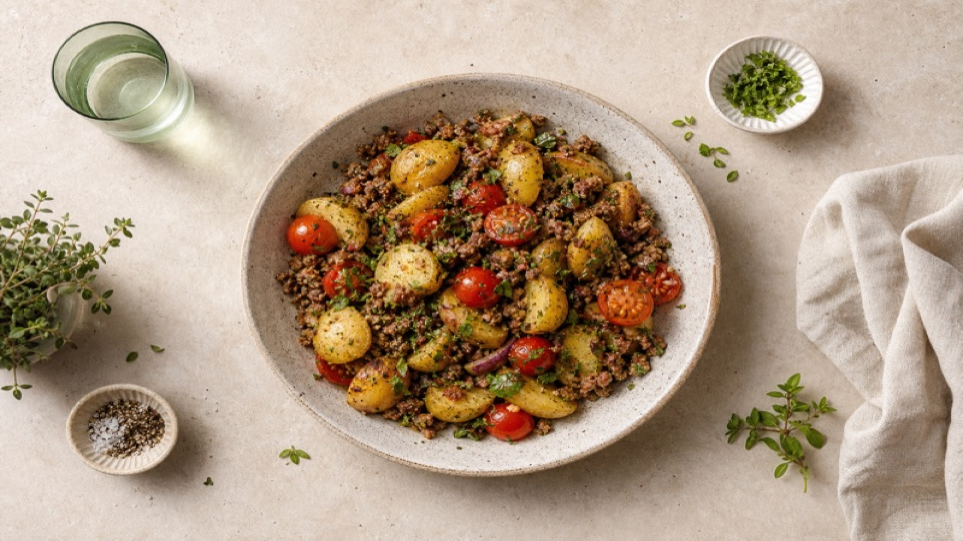 Warmer Kartoffelsalat mit Rinderhackfleisch und Kirschtomaten