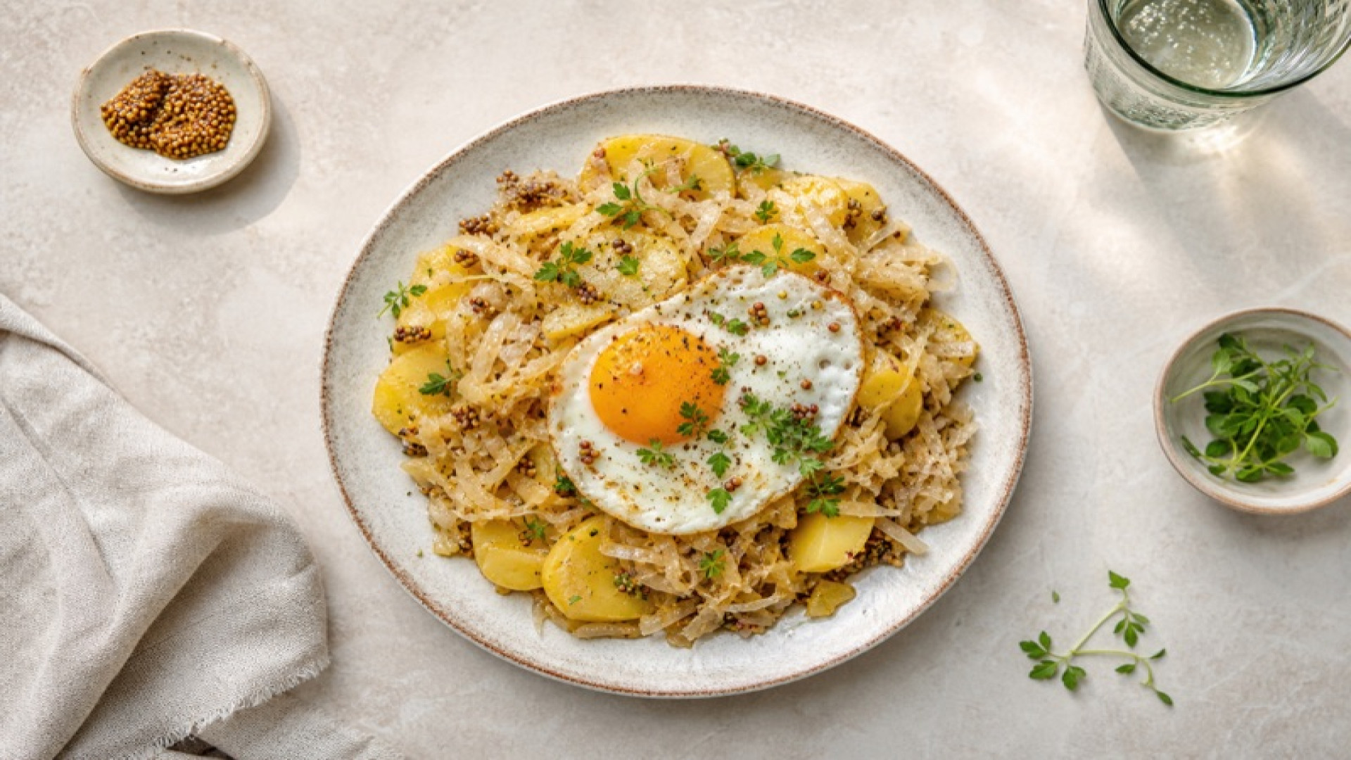 Warmer Kartoffel-Sauerkraut-Teller mit Ei und Senfsamen