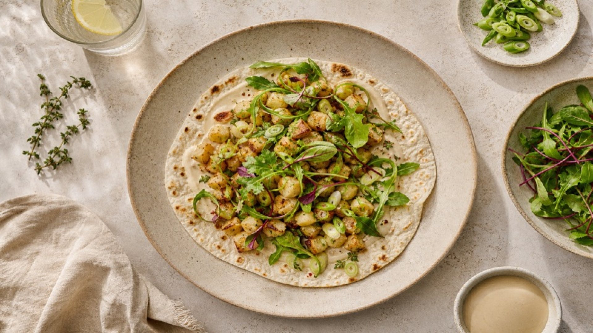 Warmer Kartoffel-Sellerie-Wrap mit Tahini und Frühlingszwiebeln