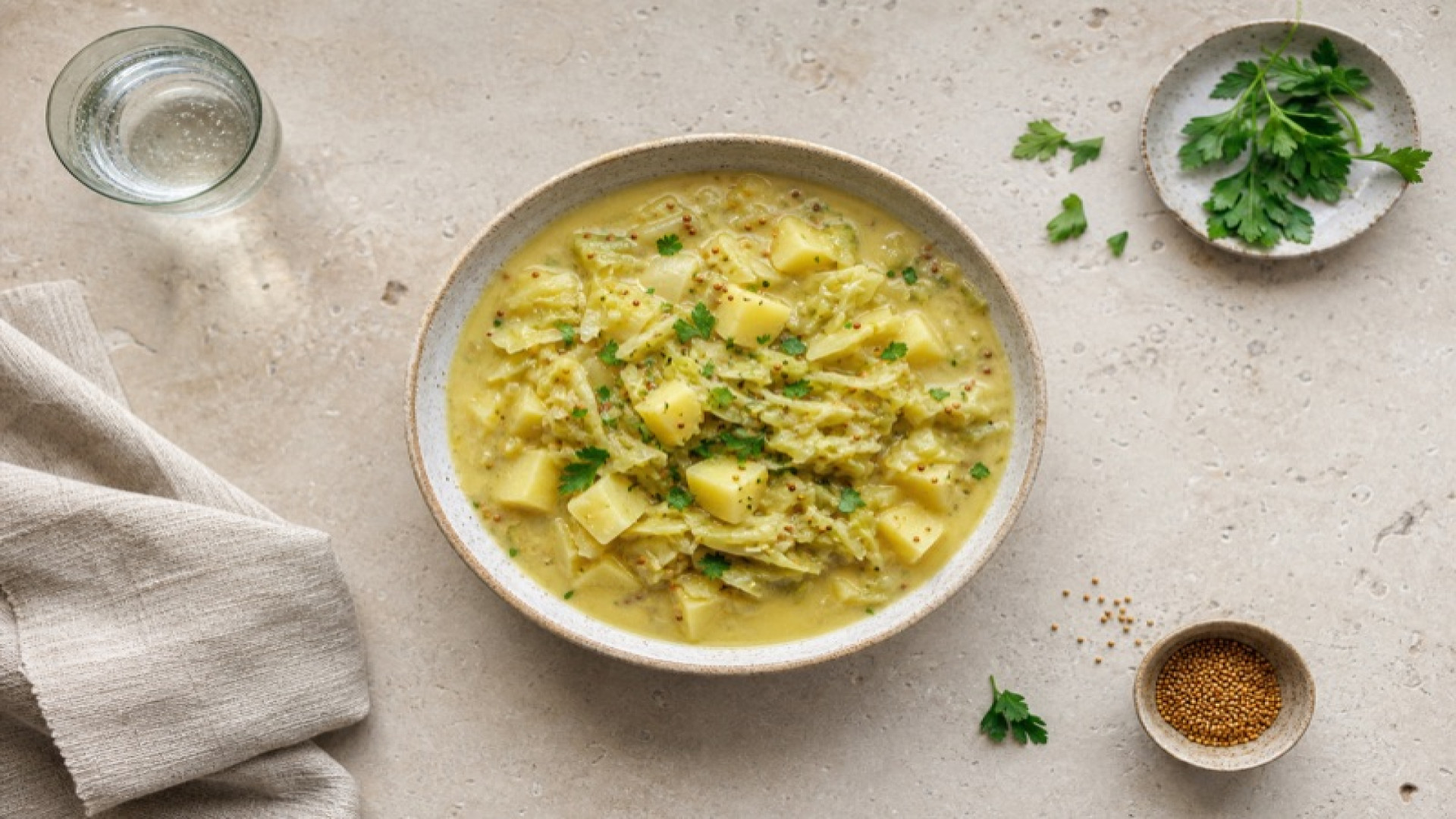 Warmer Kartoffel-Spitzkohl-Eintopf mit Senfsamen
