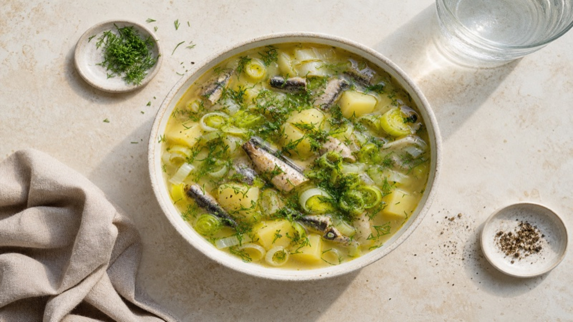 Warmer Kartoffel-Sprotten-Eintopf mit Lauch und Dill