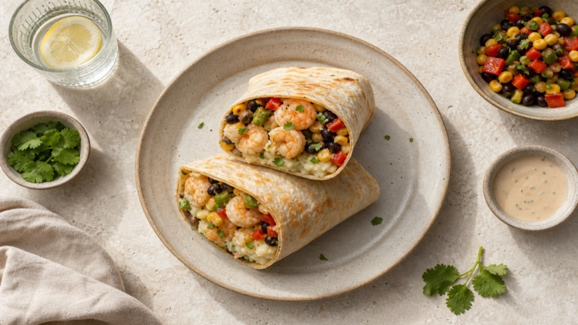 Warmer Kartoffelstampf-Wrap mit Garnelen und mexikanischem Gemüse