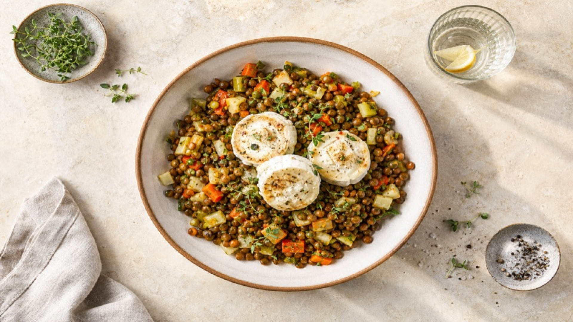 Warmer Linsensprossen-Salat mit Ziegenweichkäse