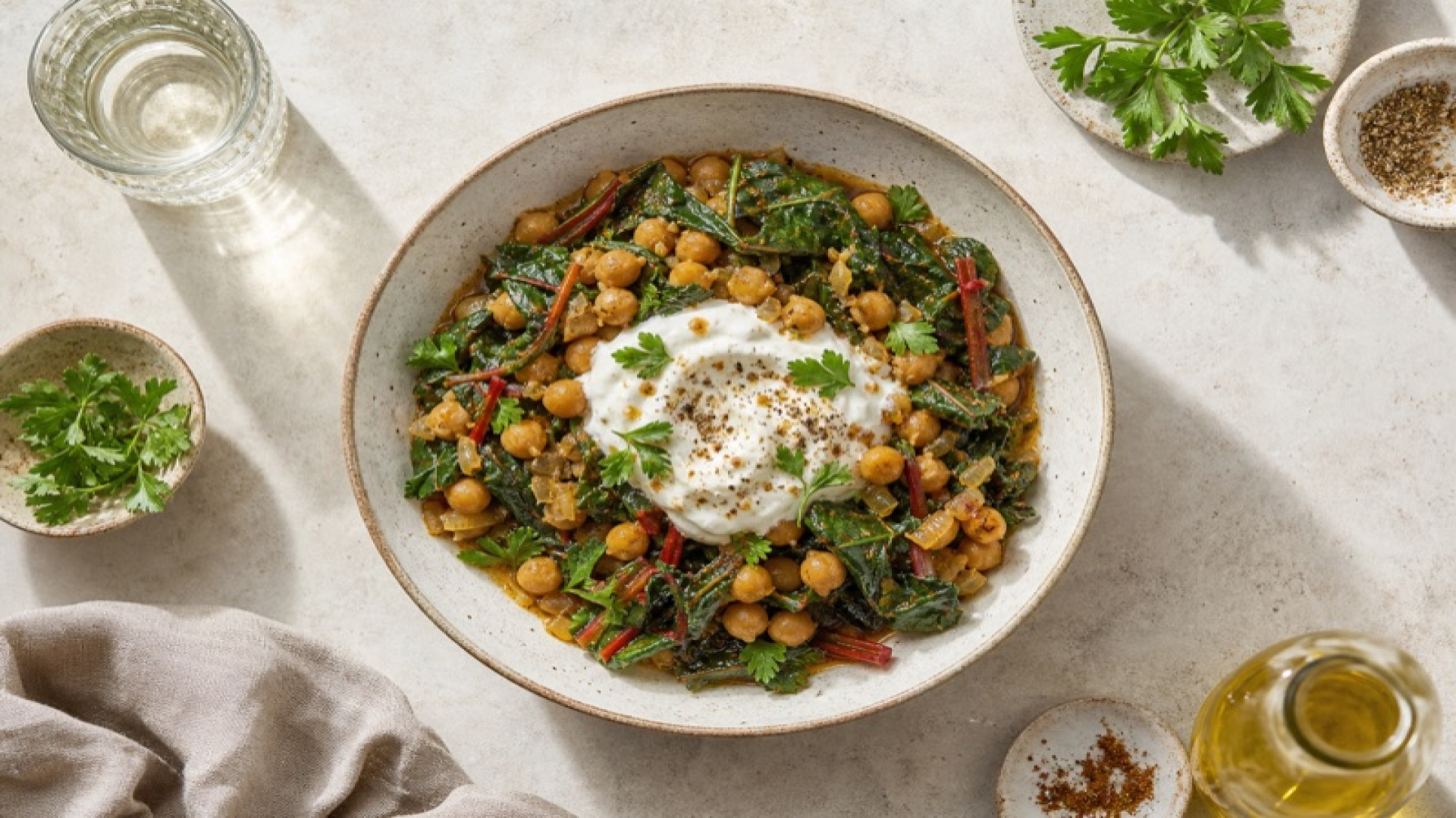 Warmer Mangold-Kichererbsen-Bowl mit Joghurt