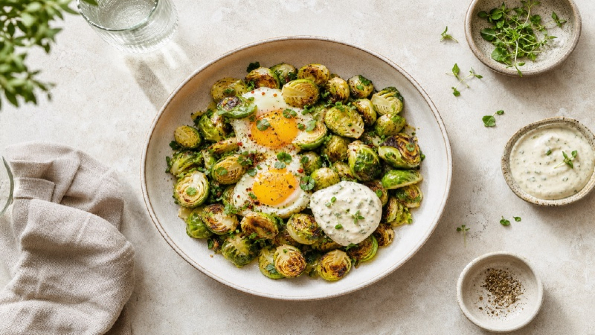 Warme Rosenkohl-Ei-Pfanne mit Senf-Joghurt