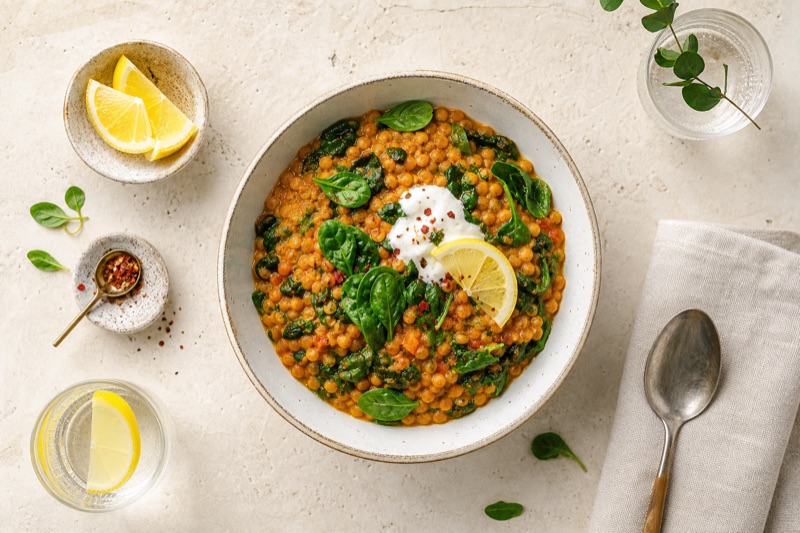 Warme Rote-Linsen-Bowl mit Spinat und Zitrone