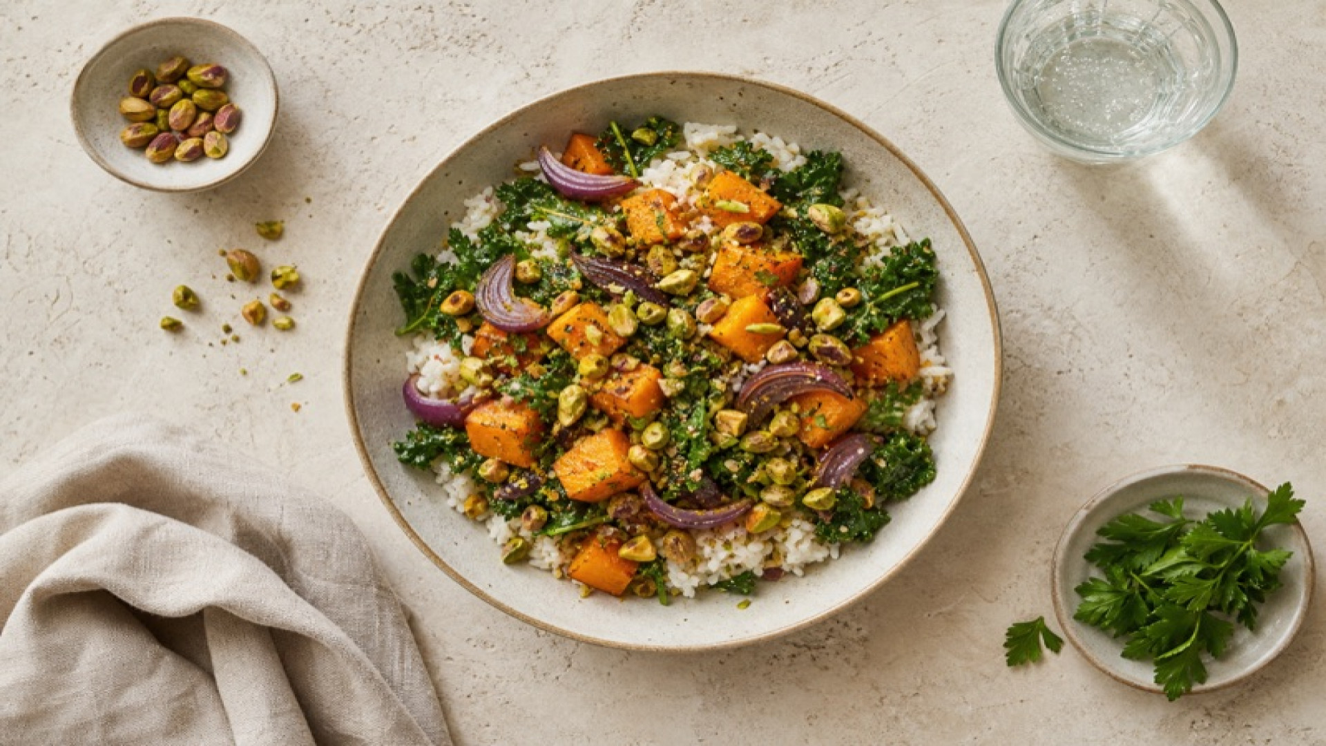 Warmer Reis-Gemüse-Bowl mit Kürbis und Pistazie