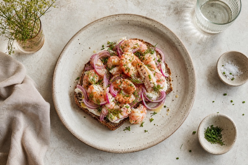 Warmer Roggenbrot-Teller mit Meeresfrüchten und Roten Zwiebeln