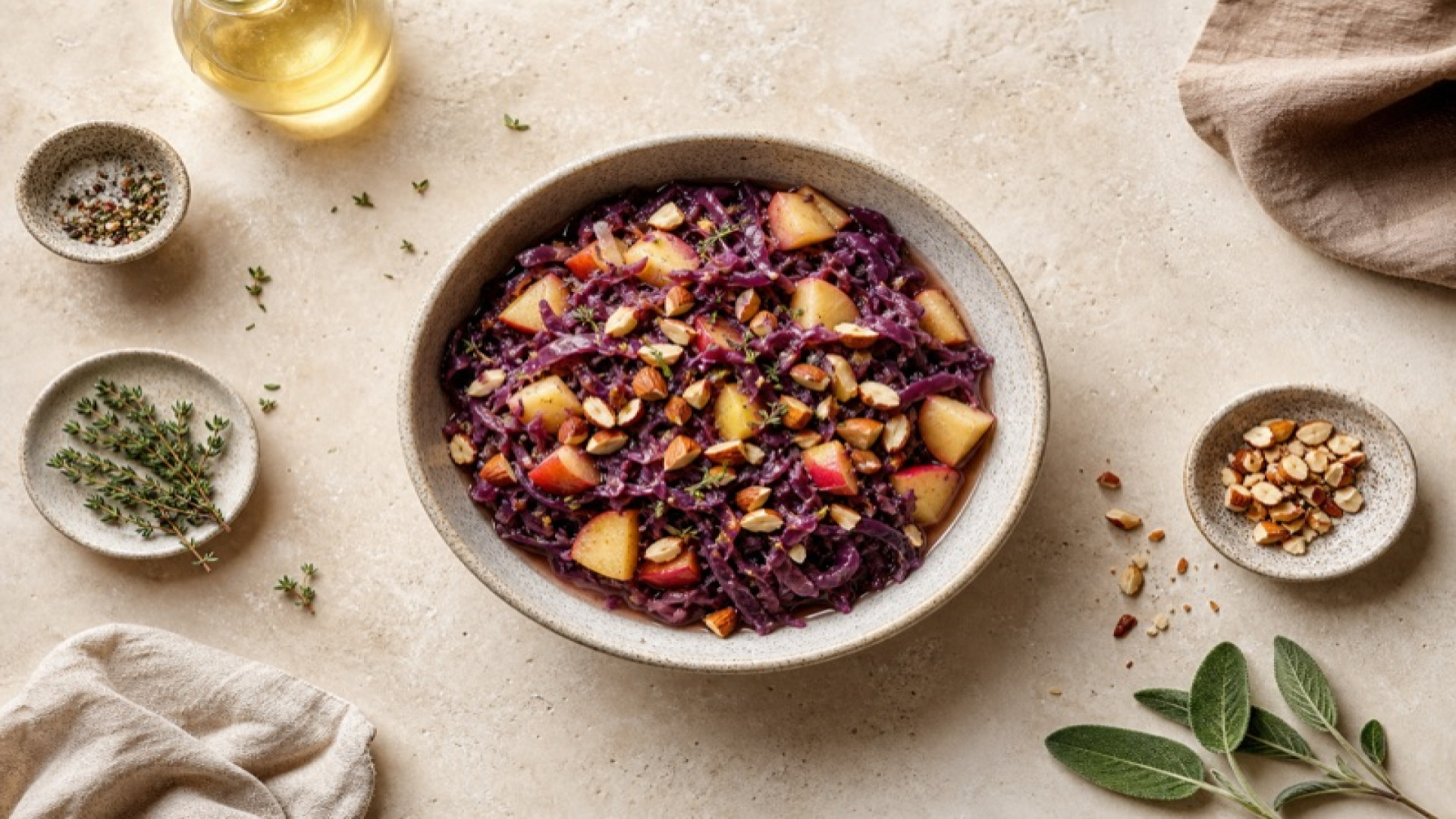 Warmer Rotkohl-Apfel-Topf mit Mandeln